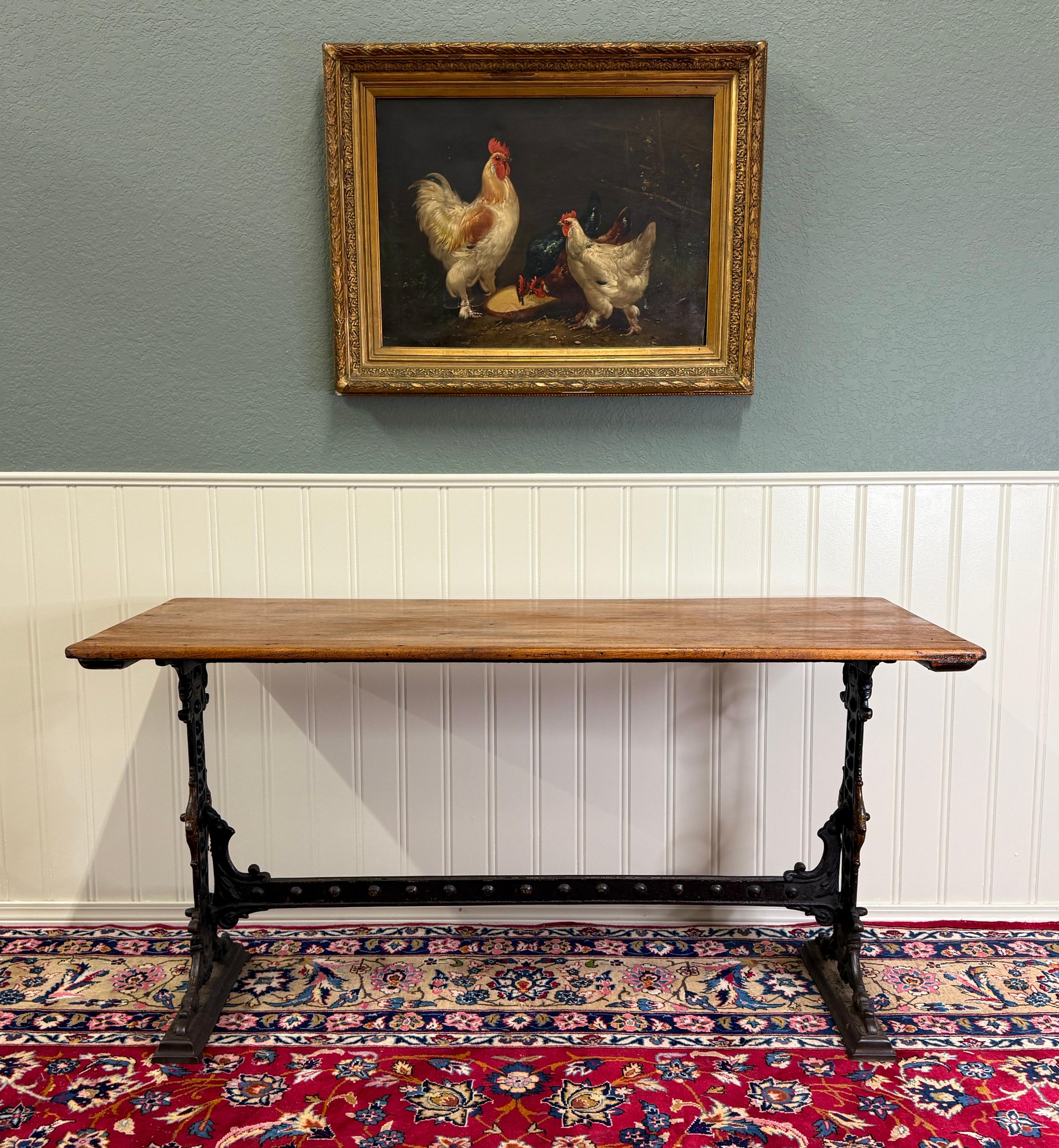 Antique English Bakers Table Sofa Entry Hall Kitchen Island with Cast Iron Base For Sale 8