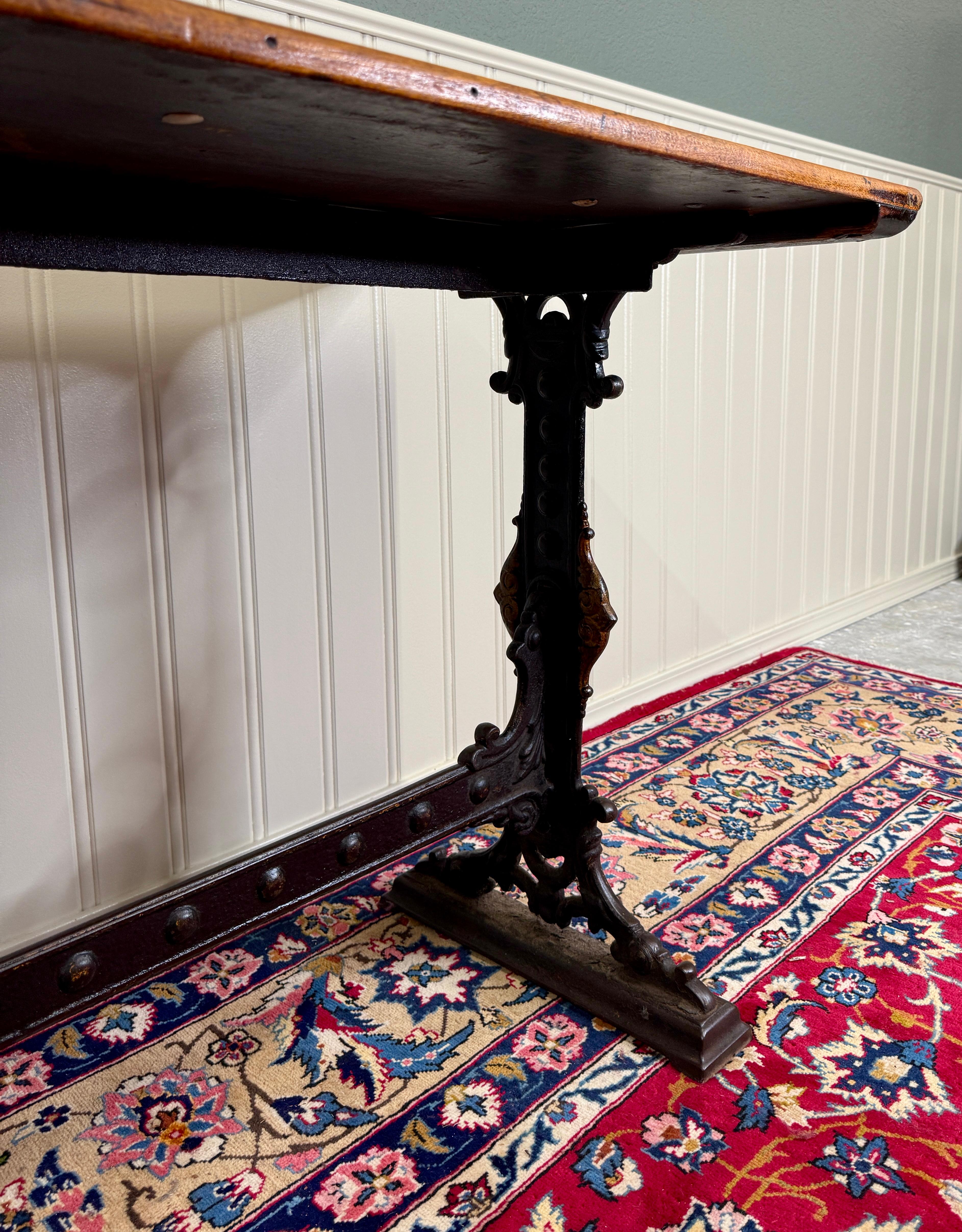 Antique English Bakers Table Sofa Entry Hall Kitchen Island with Cast Iron Base For Sale 11