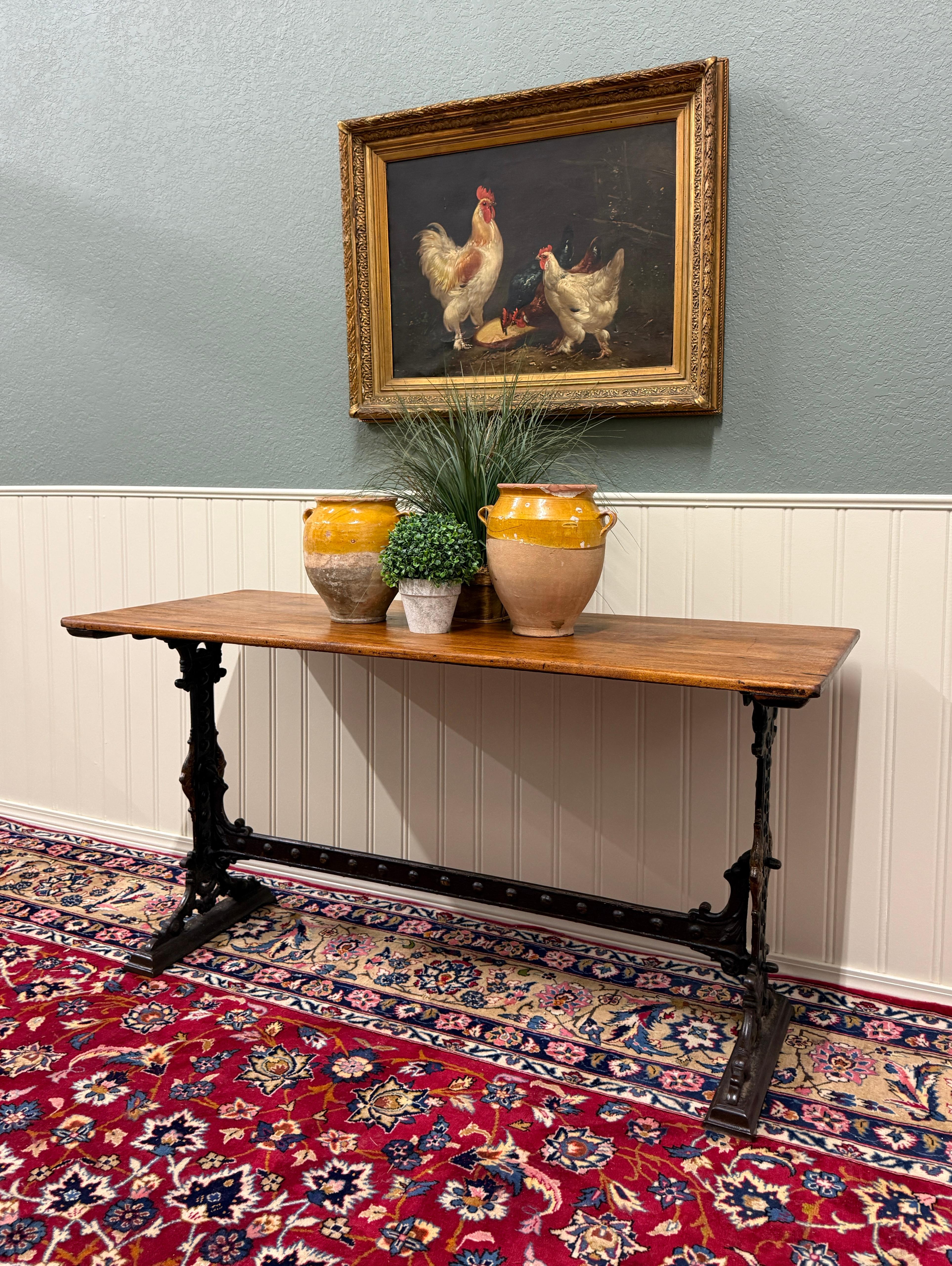Antique English Bakers Table Sofa Entry Hall Kitchen Island with Cast Iron Base For Sale 12