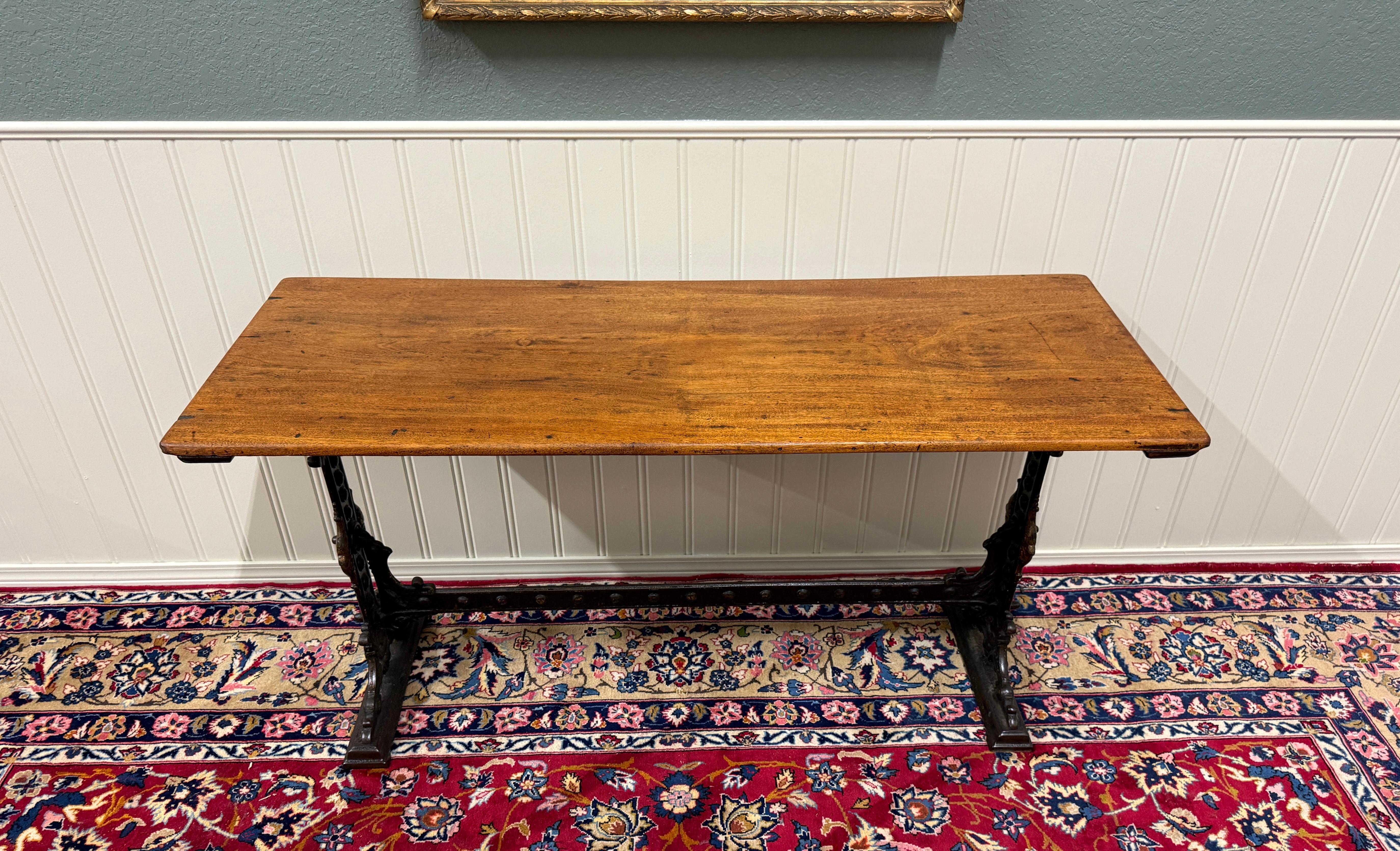 Victorian Antique English Bakers Table Sofa Entry Hall Kitchen Island with Cast Iron Base For Sale