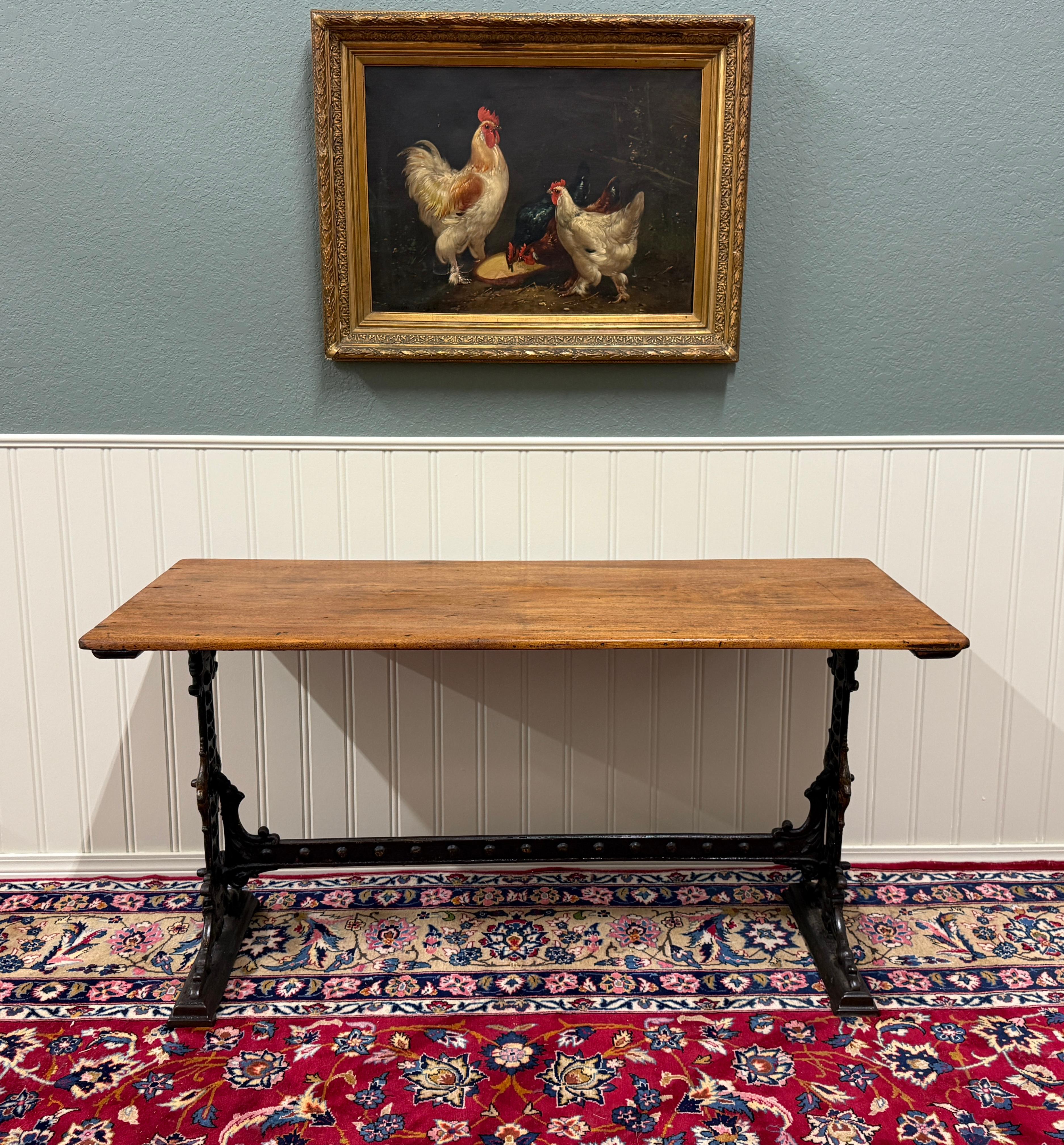 Carved Antique English Bakers Table Sofa Entry Hall Kitchen Island with Cast Iron Base For Sale