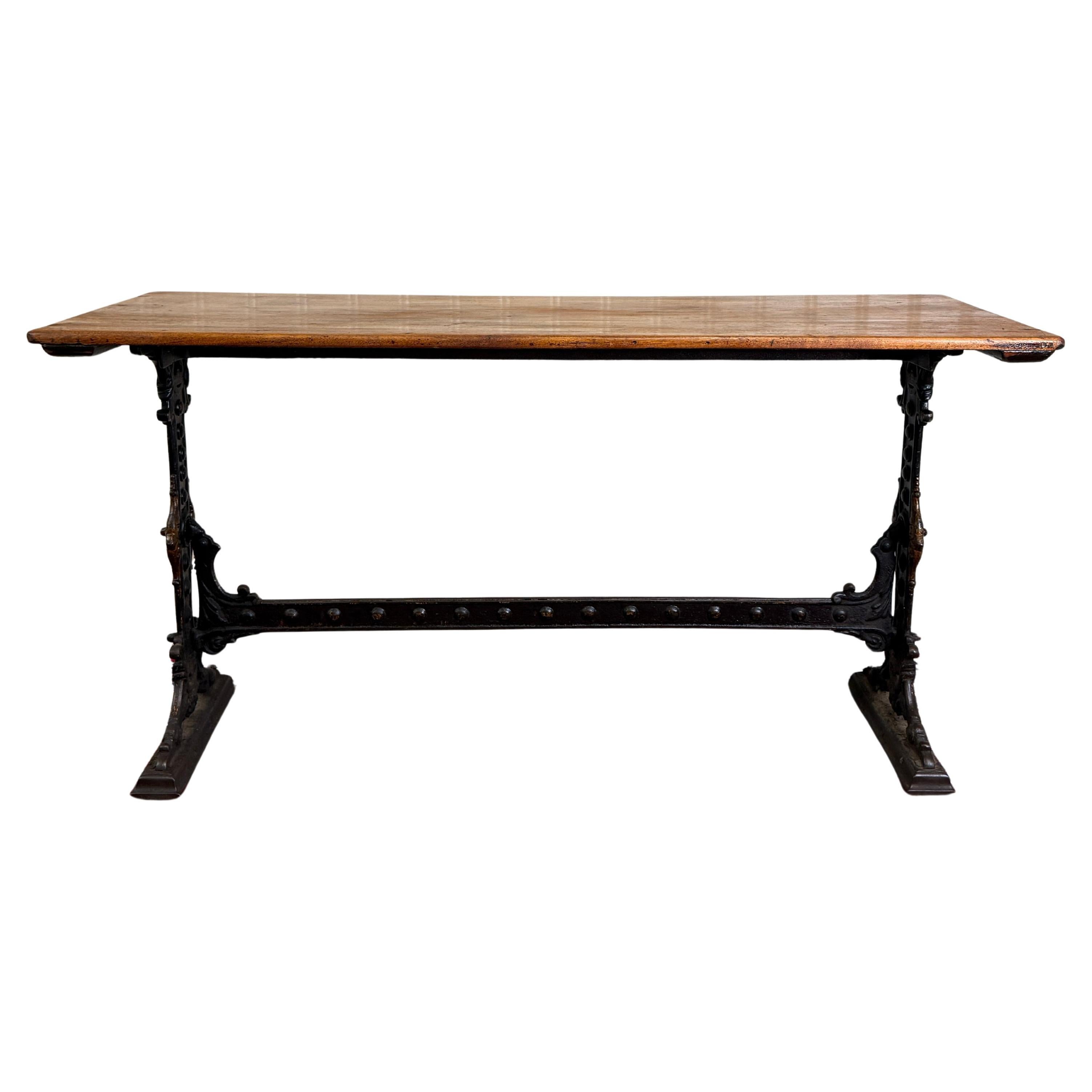 Antique English Bakers Table Sofa Entry Hall Kitchen Island with Cast Iron Base For Sale