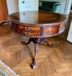 Antique English Ball and Claw Leather Top Mahogany Drum Game Foyer Table