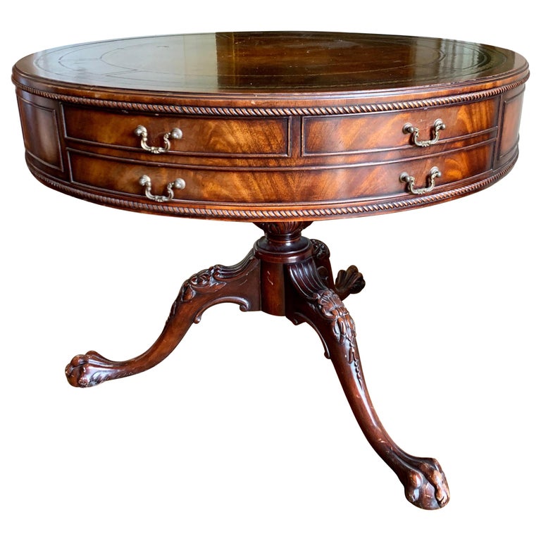 Antique English Ball And Claw Leather, Leather Top Drum Table