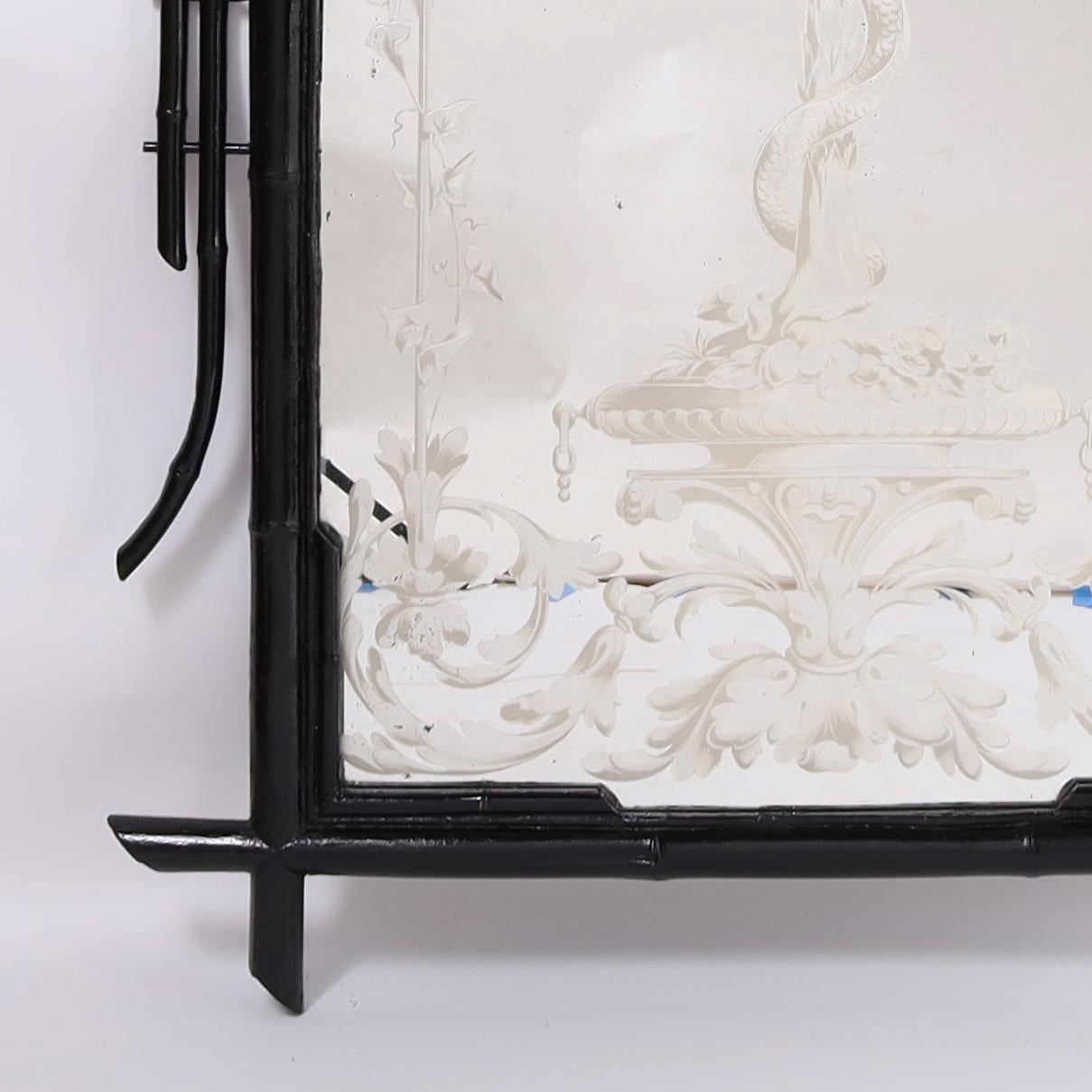 Antique miroir anglais de pilier ou de sol en bambou et palmier églomisé en vente 1