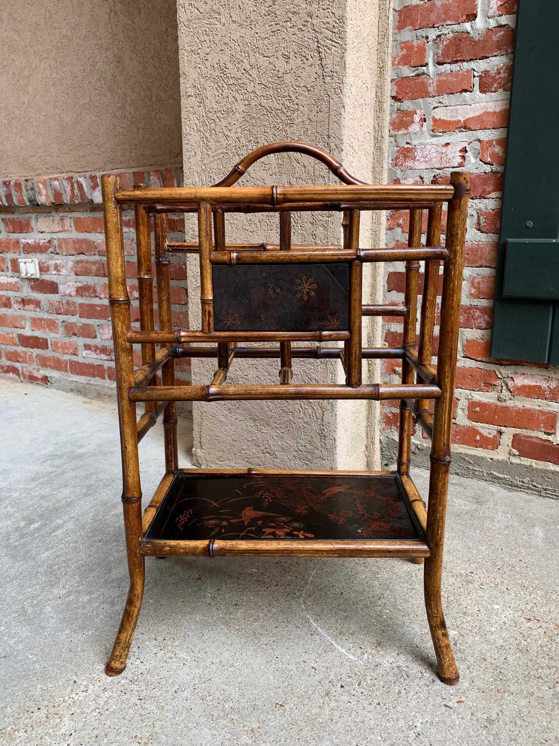 Antique English Bamboo Canterbury Magazine Rack Music Stand Table w Chinoiserie inlays.

~Direct from England~
~A charming antique English bamboo Canterbury/magazine racke/music stand with decorative bird themed lacquer panels on each side and the
