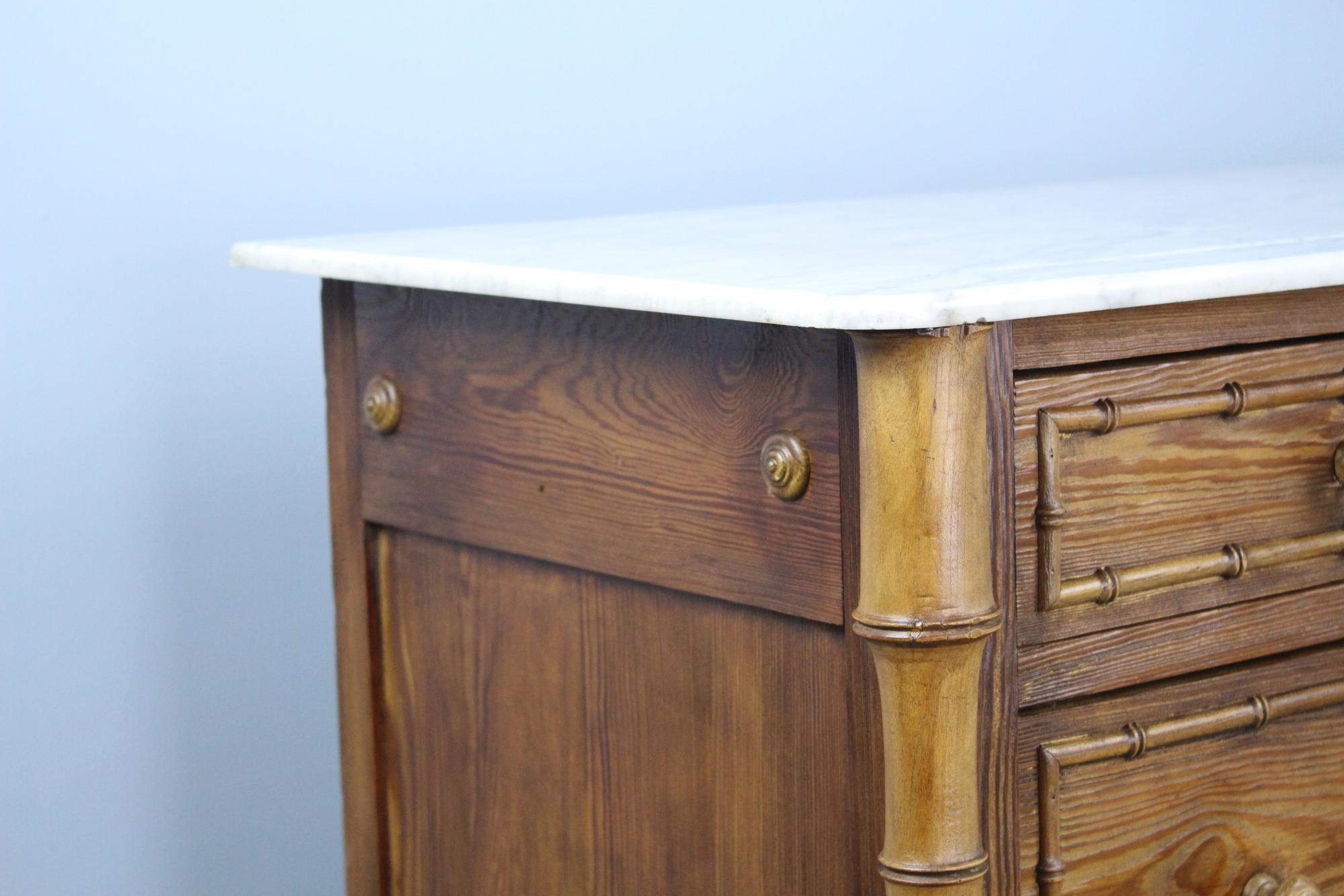 19th Century Antique English Faux Bamboo Chest of Drawers, Original Marble Top