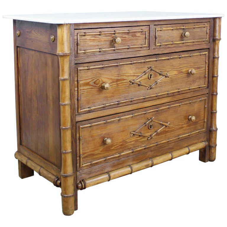 Antique English Faux Bamboo Chest Of Drawers Original Marble Top