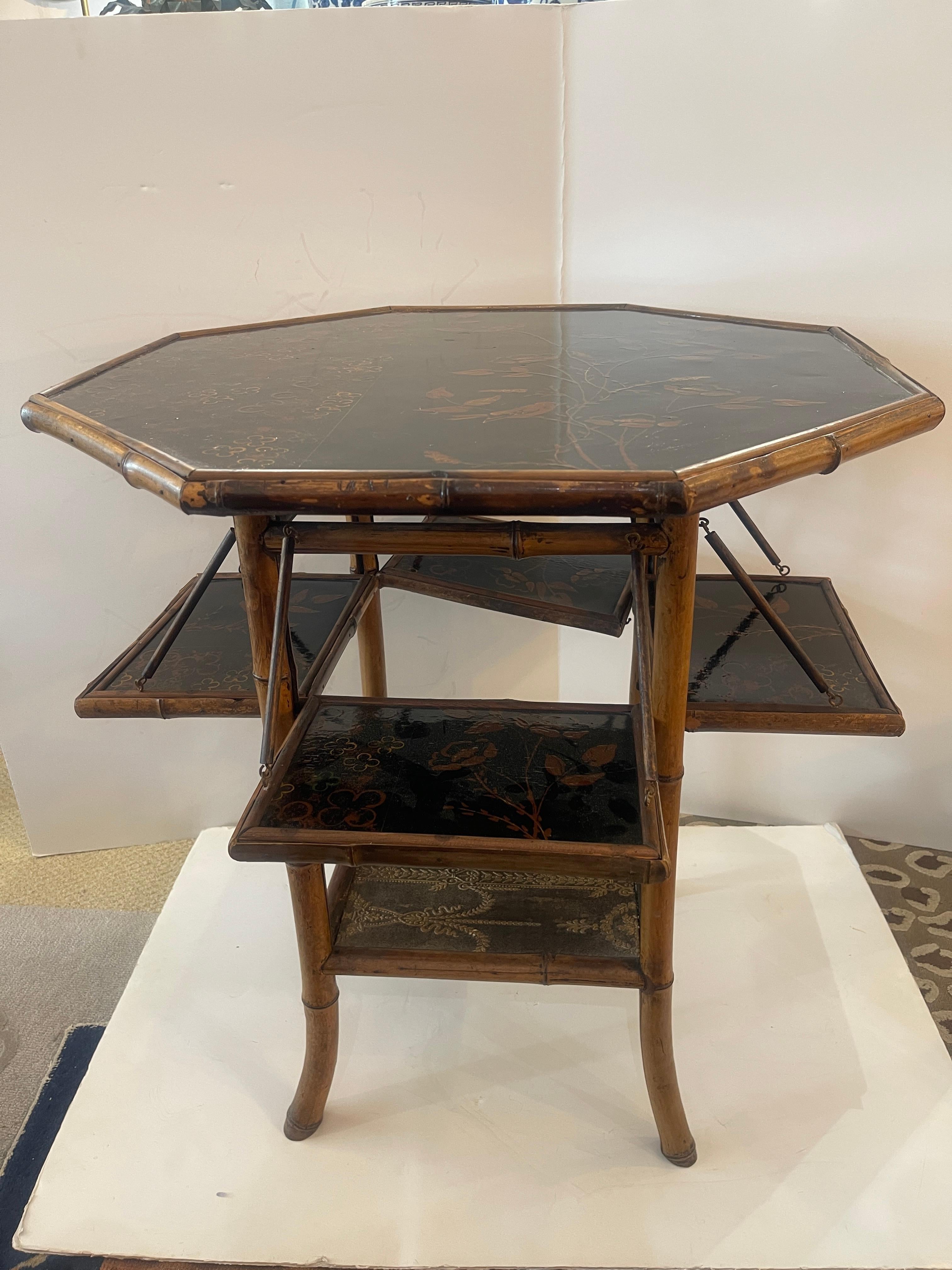 This is a great looking Antique English Bamboo & Lacquer Octagonal Tea Table, with four folding shelves., C. 1870-1890.
The lacquer on the top is a good example of the Aseptic movement,
repeated on each shelves. 
The lacquer is in very good