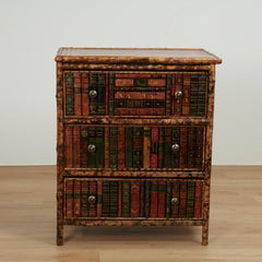 Antique English Bamboo Leather Top Faux Book Chest of Drawers