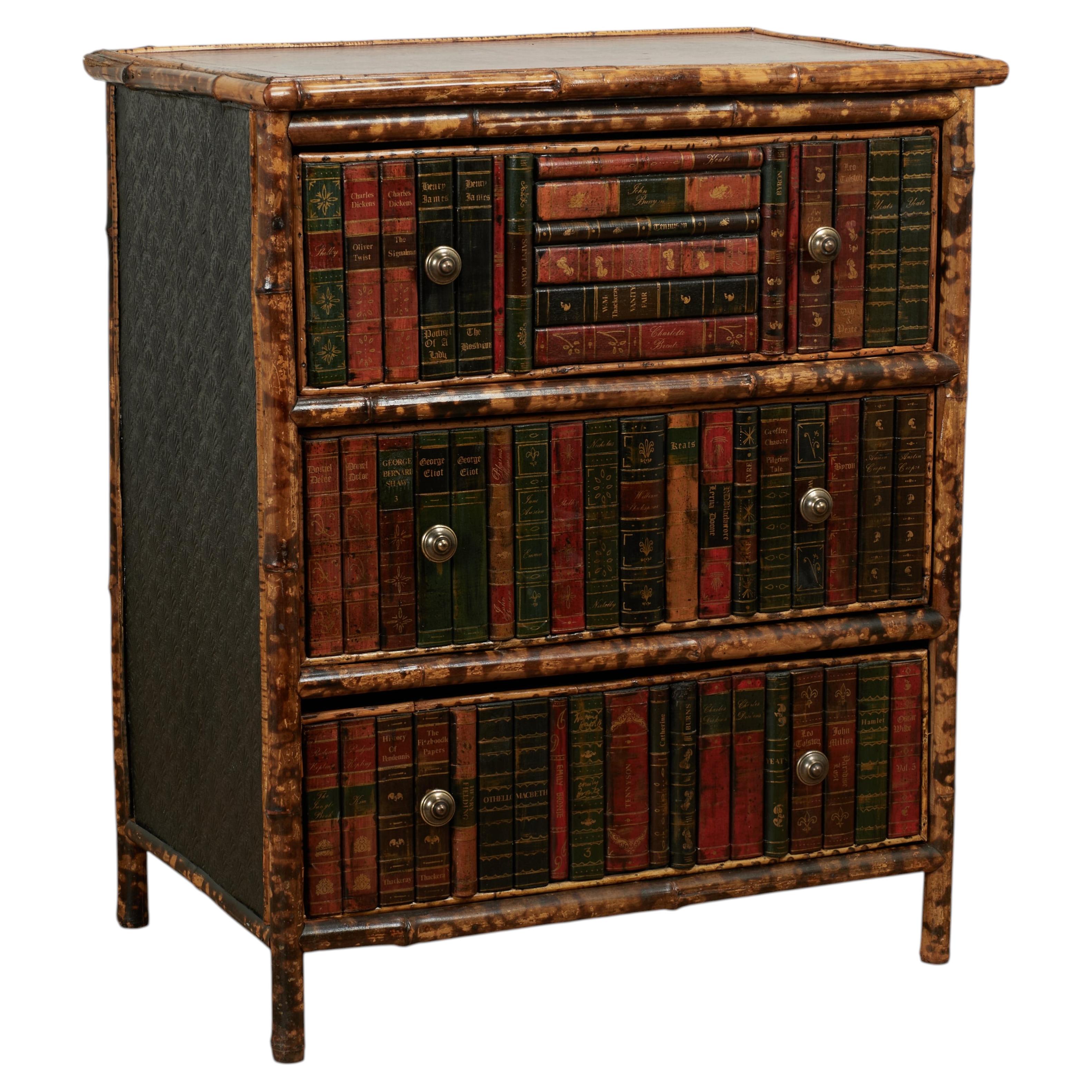 Antique English Bamboo Leather Top Faux Book Chest of Drawers For Sale