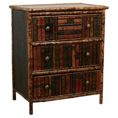 Antique English Bamboo Leather Top Faux Book Chest of Drawers