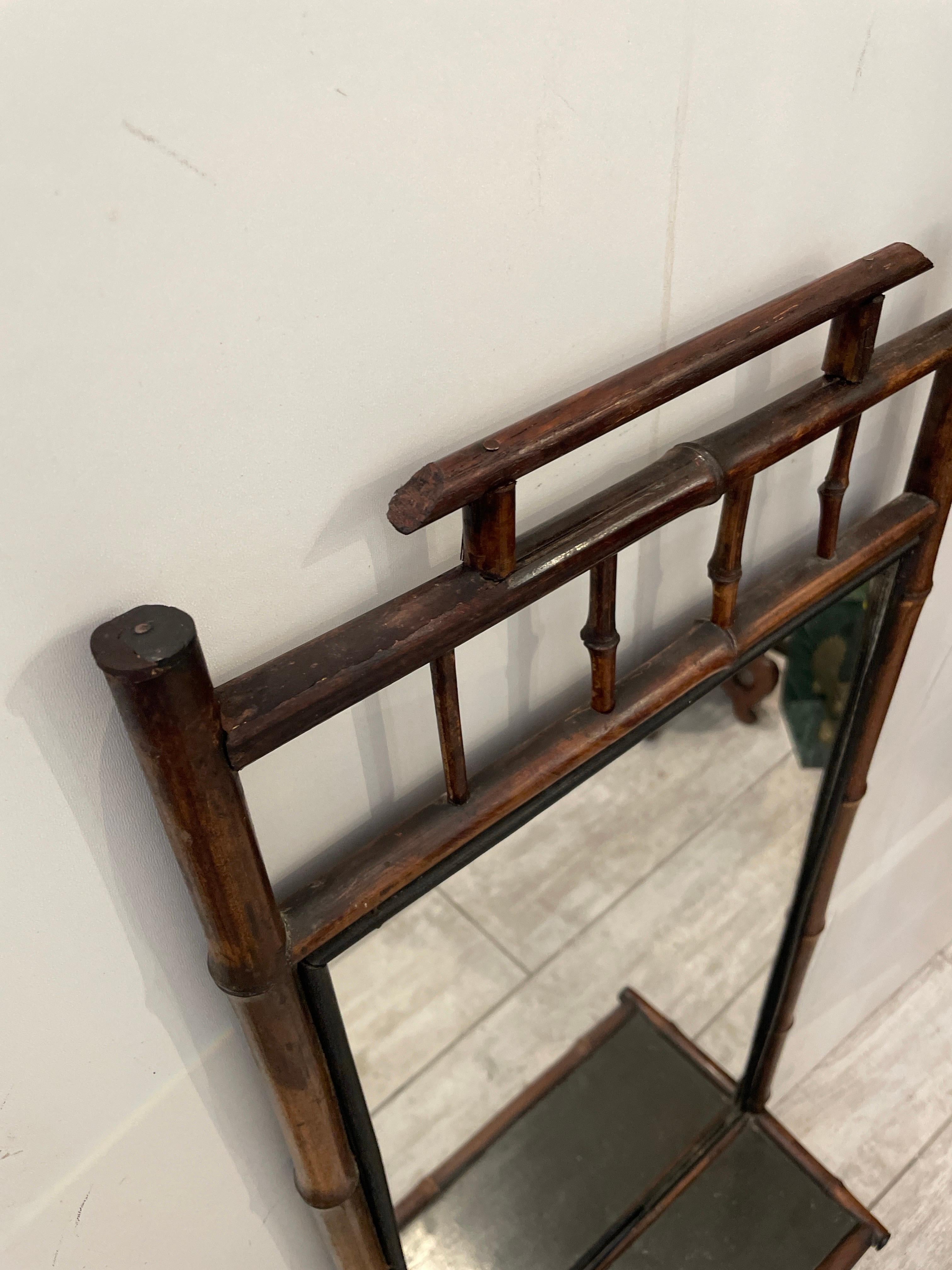 Antique English Bamboo Pagoda Style Wall Mirror with Shelf For Sale 2