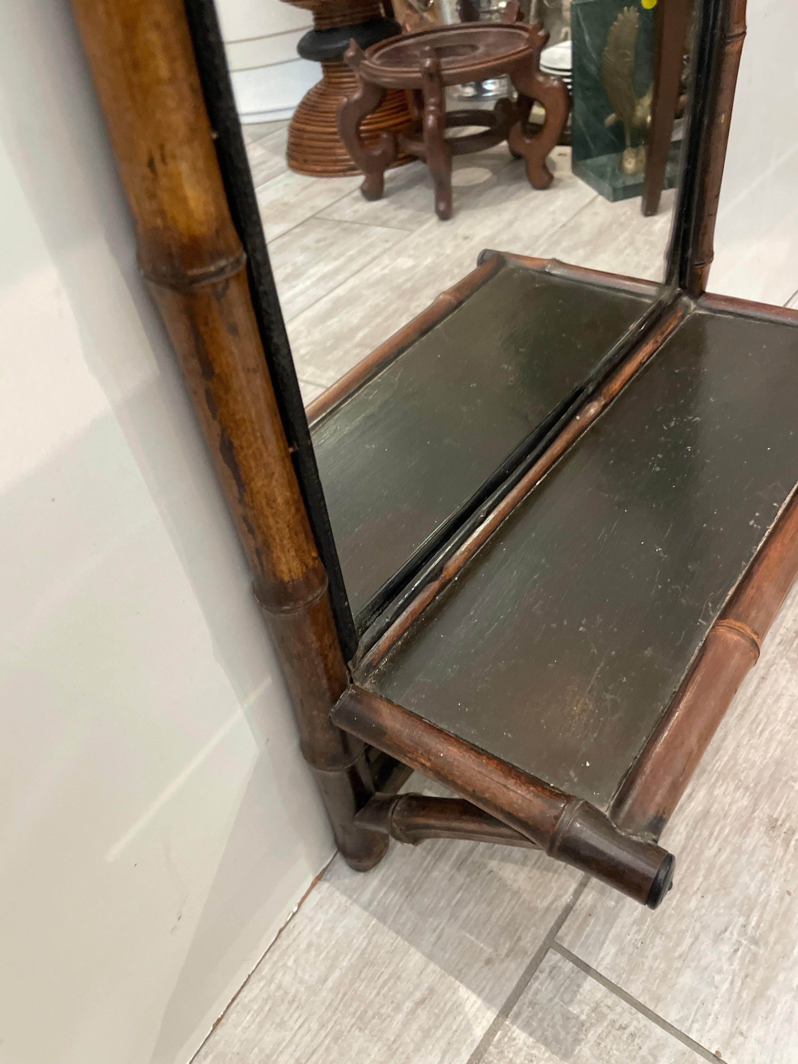 Antique English Bamboo Pagoda Style Wall Mirror with Shelf For Sale 3
