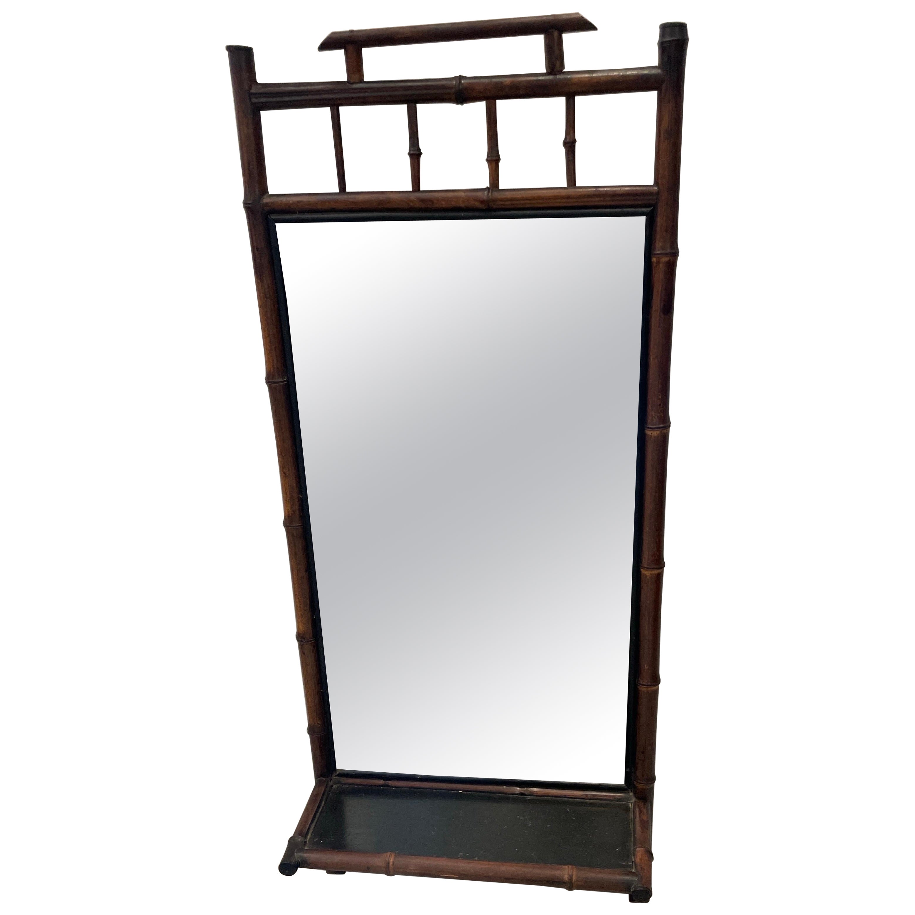 Antique English Bamboo Pagoda Style Wall Mirror with Shelf For Sale