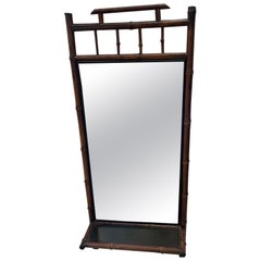 Antique English Bamboo Pagoda Style Wall Mirror with Shelf