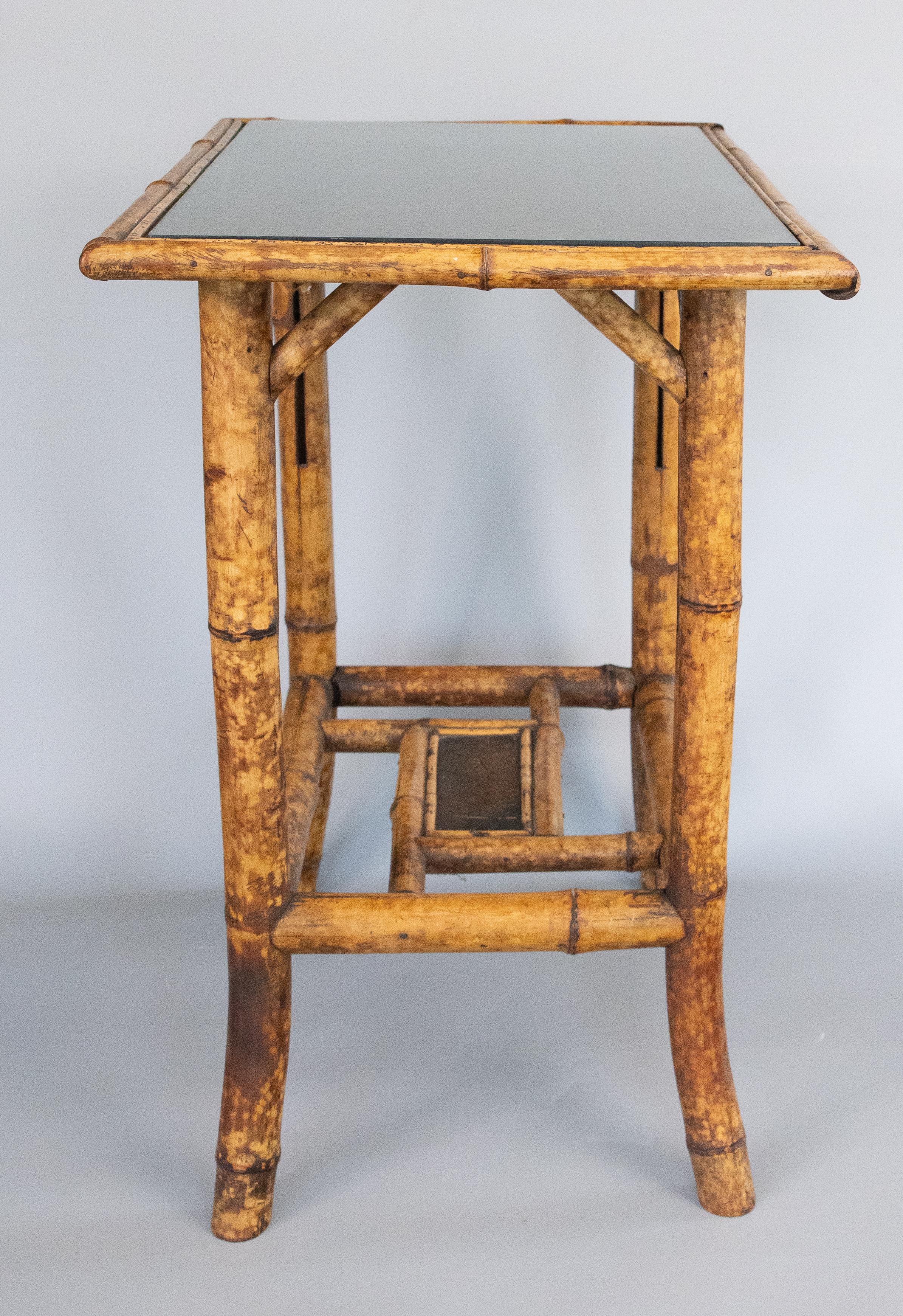 Leather Antique English Bamboo Side Table With Custom Glass Top, circa 1900 For Sale