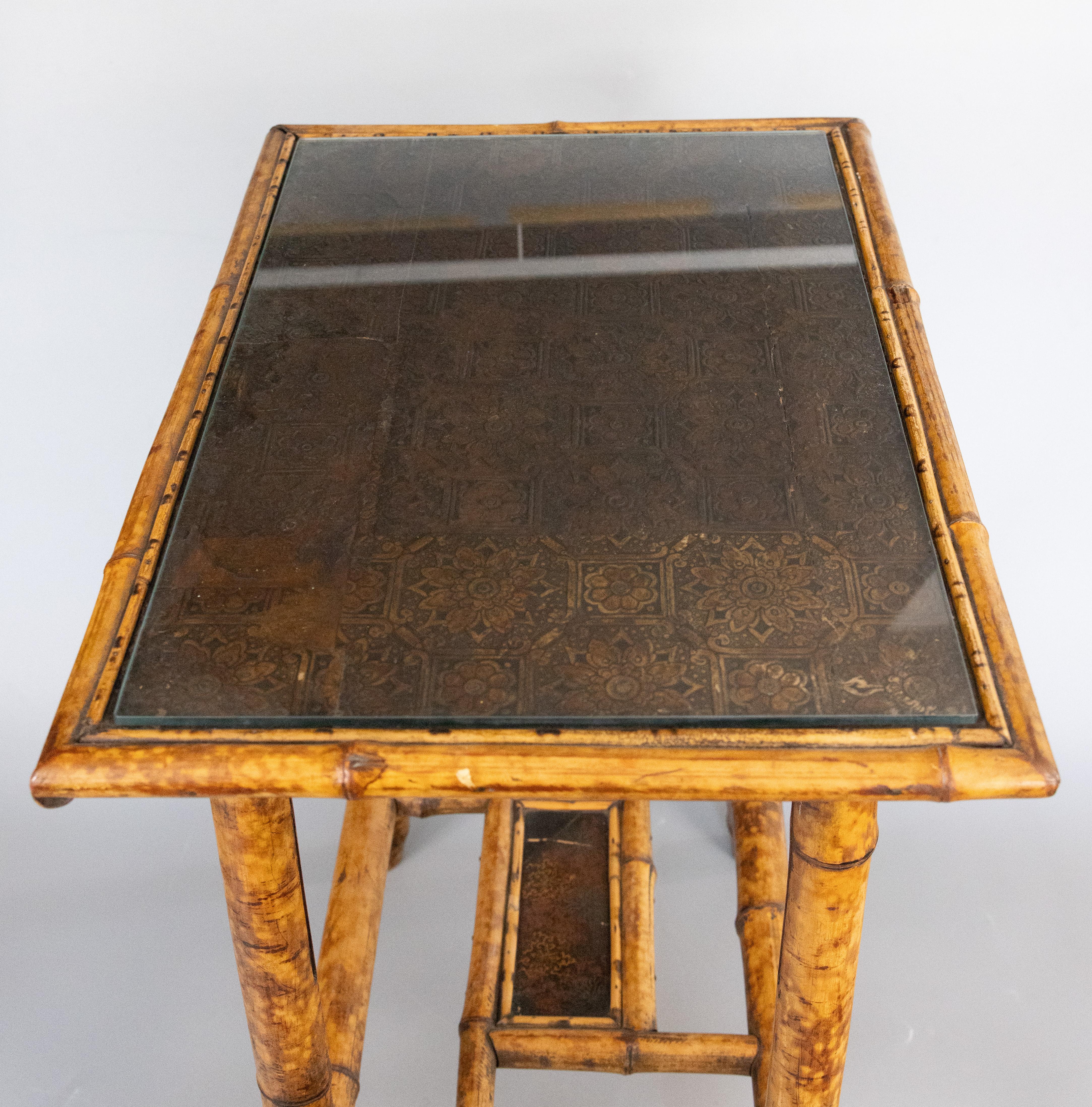 Antique English Bamboo Side Table With Custom Glass Top, circa 1900 For Sale 1