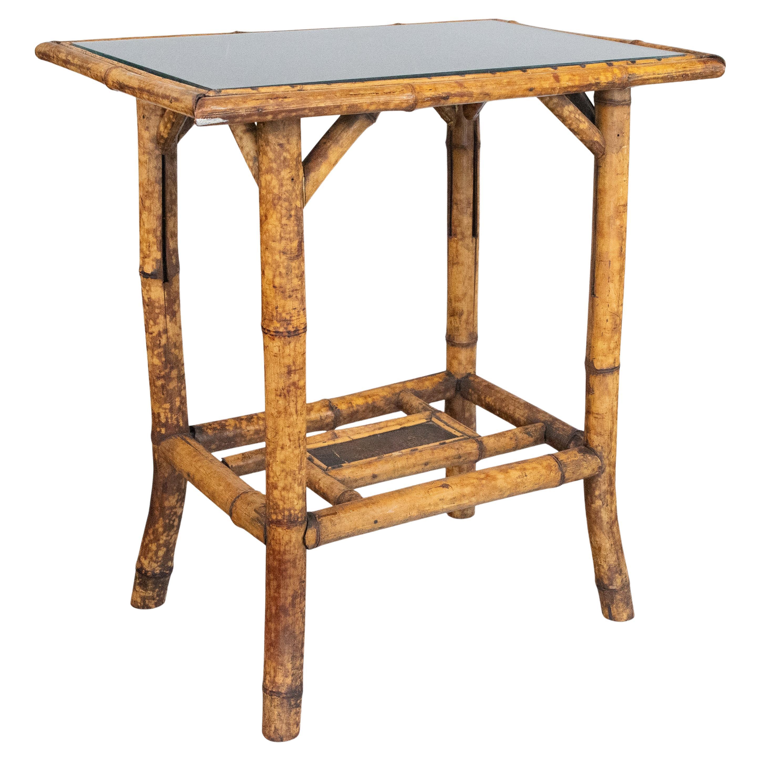 Antique English Bamboo Side Table With Custom Glass Top, circa 1900 For Sale