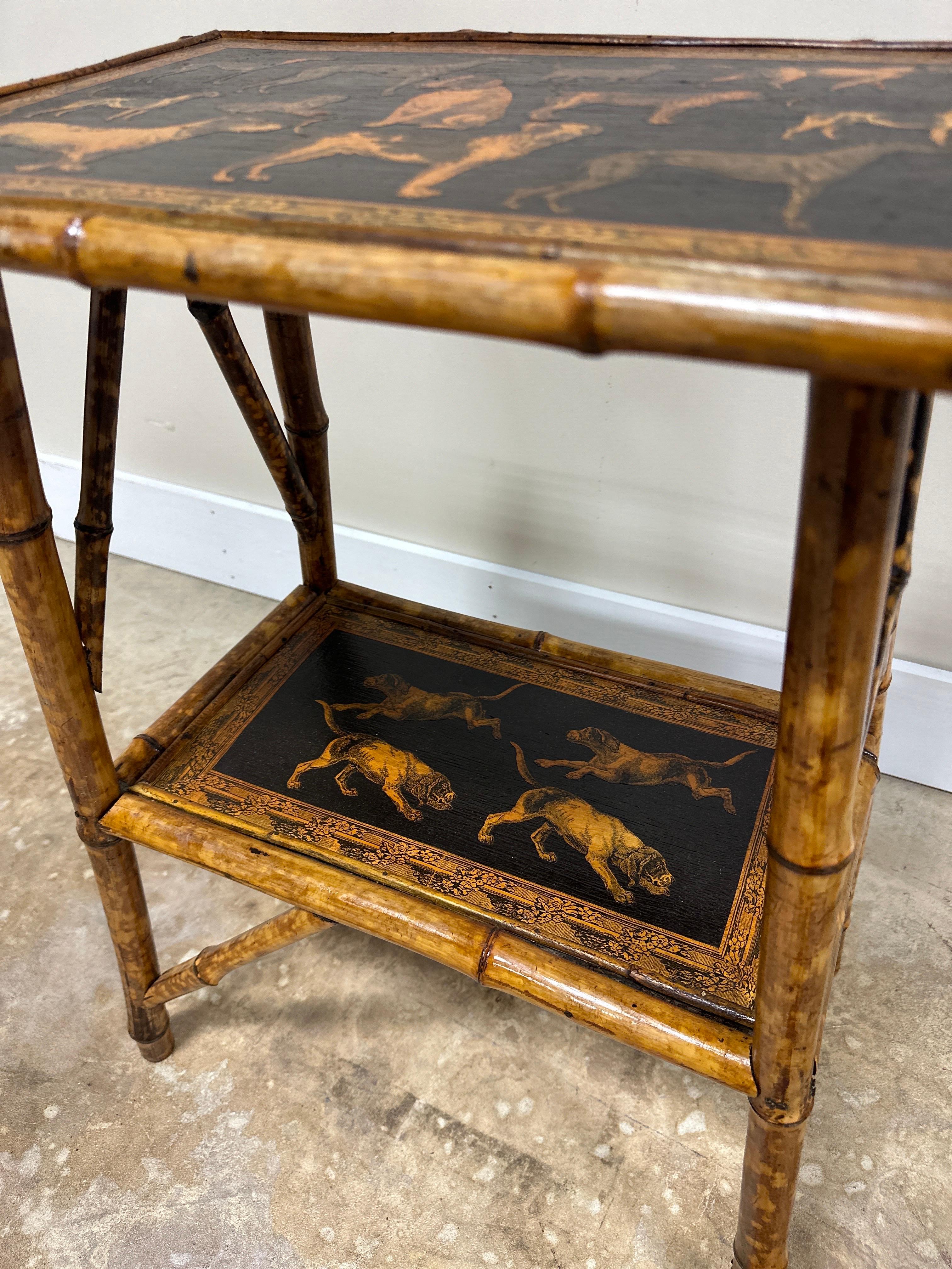 Victorian Antique English Bamboo Side Table with New Artisian Decoupage Dog Motif