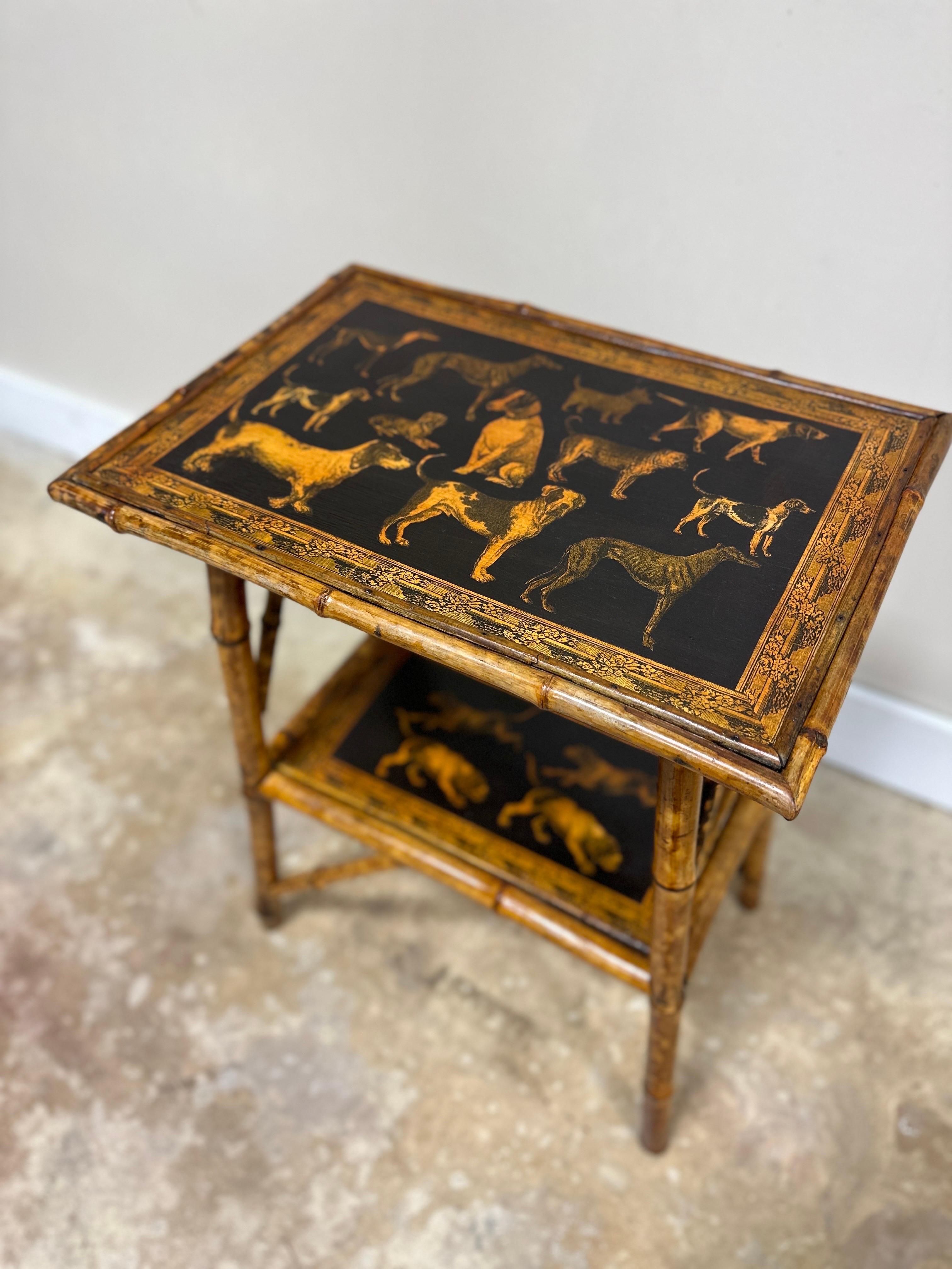 Découpage Antique English Bamboo Side Table with New Artisian Decoupage Dog Motif