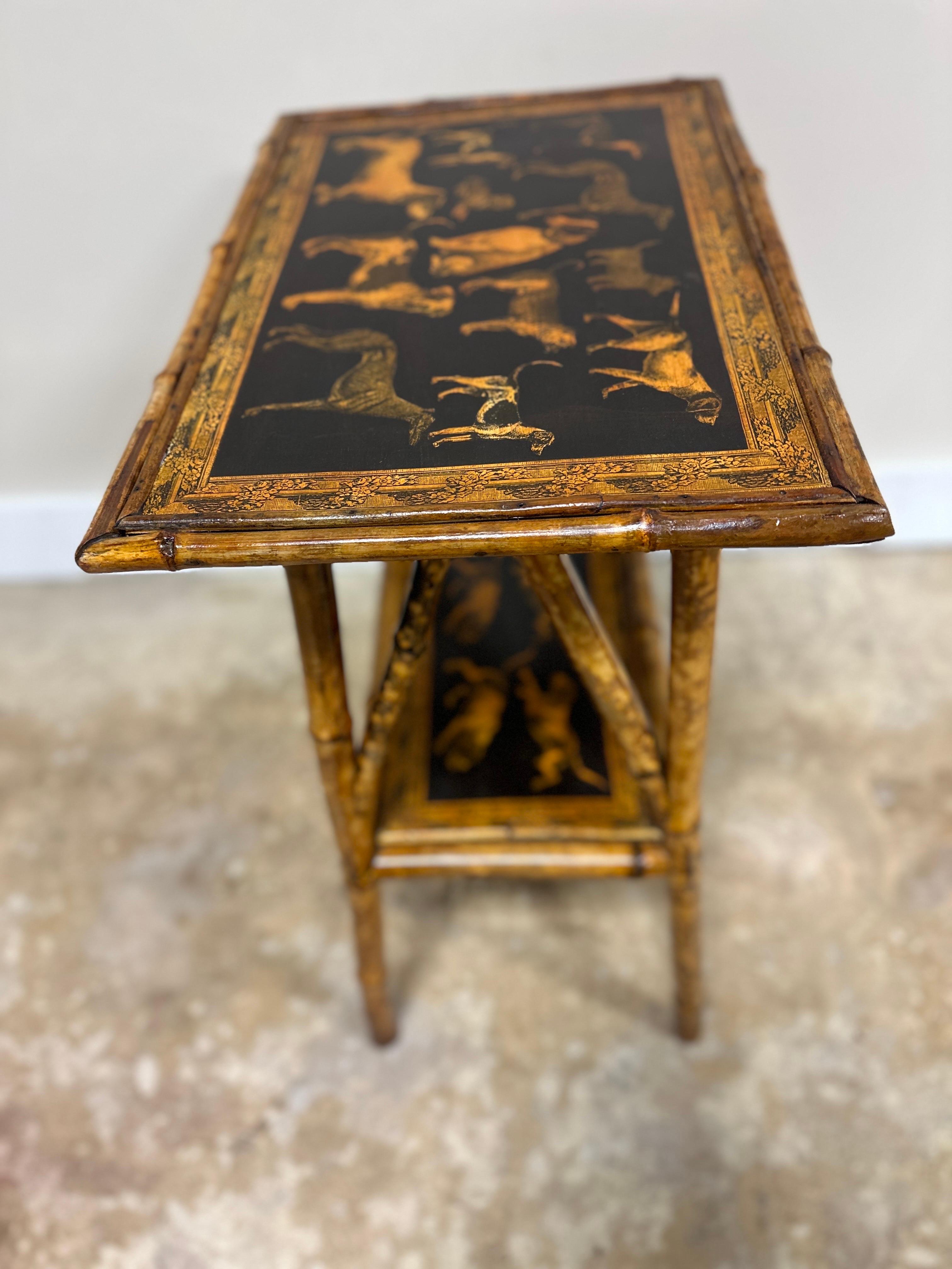 Antique English Bamboo Side Table with New Artisian Decoupage Dog Motif In Good Condition In Atlanta, GA