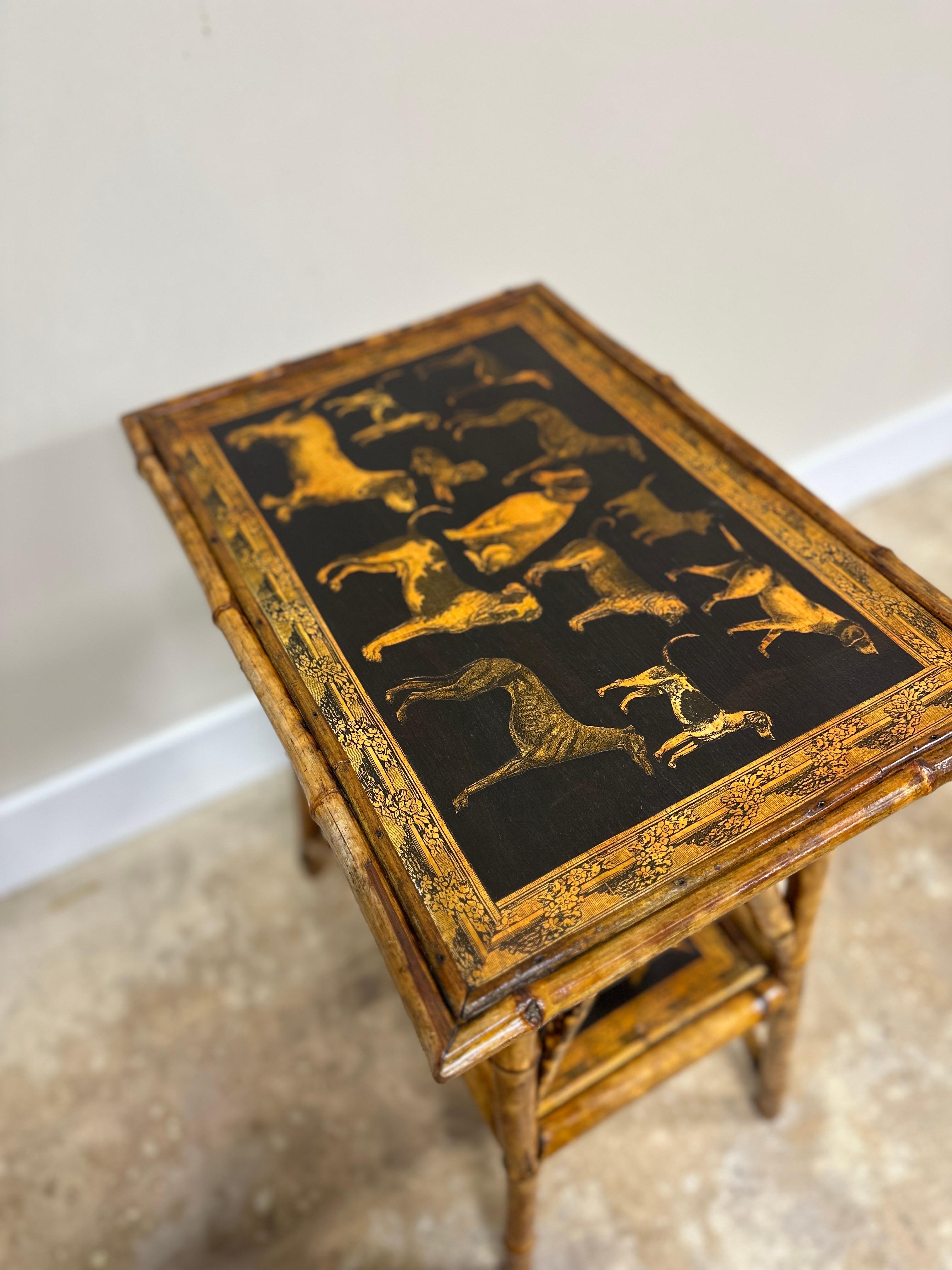 Late 19th Century Antique English Bamboo Side Table with New Artisian Decoupage Dog Motif