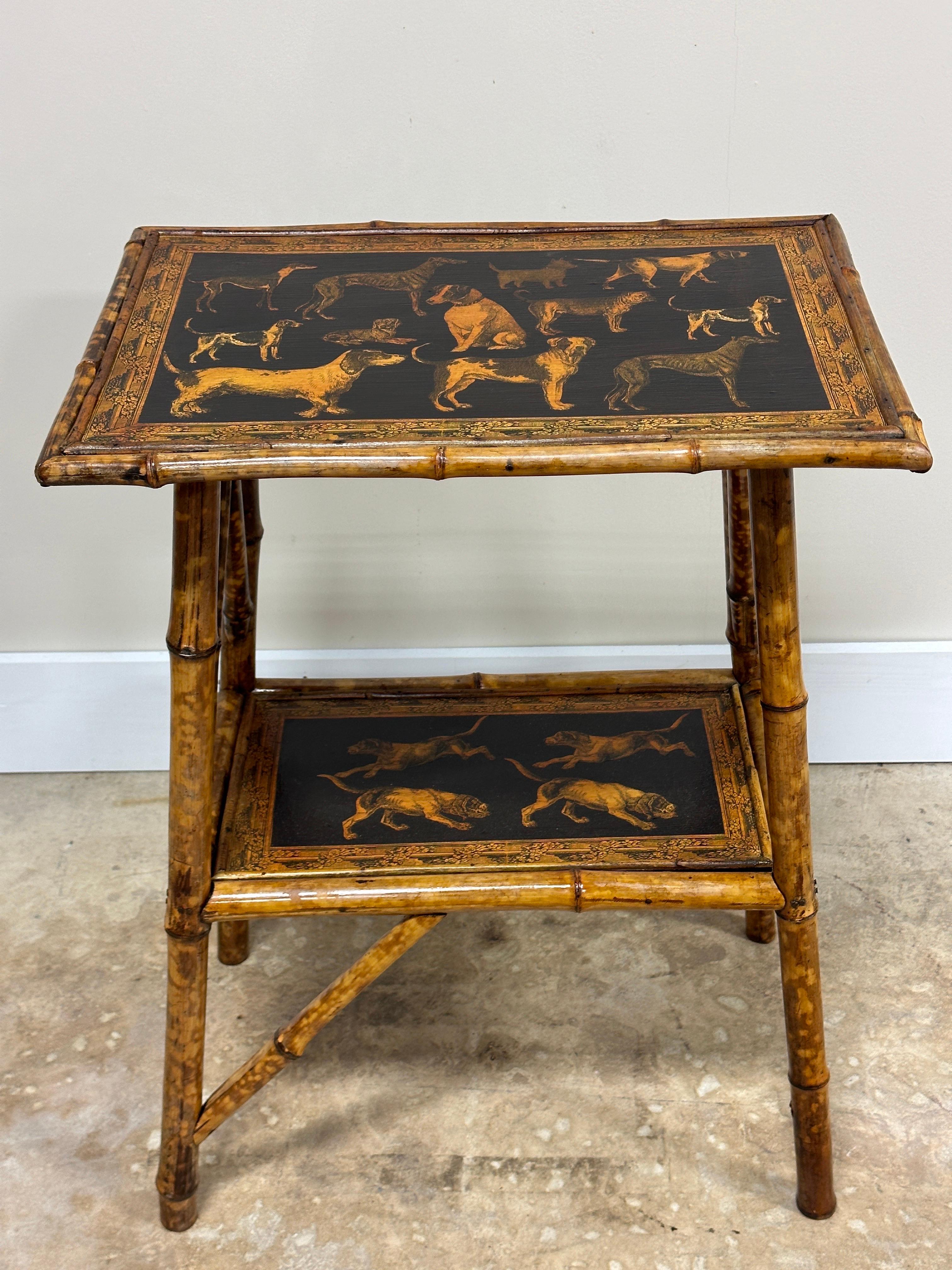 Antique English Bamboo Side Table with New Artisian Decoupage Dog Motif 3