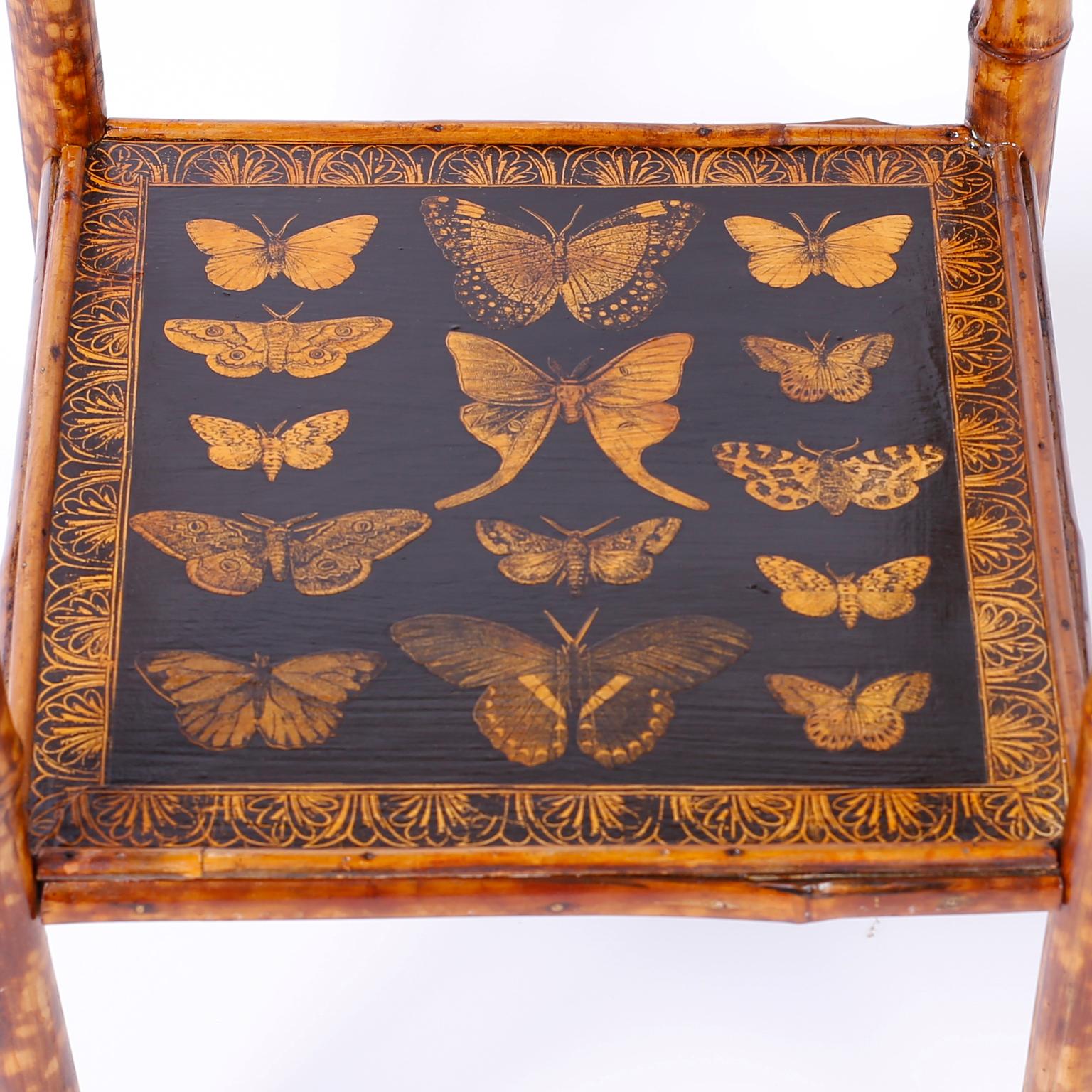 Antique English Bamboo Table with Butterfly Decoupage In Good Condition In Palm Beach, FL