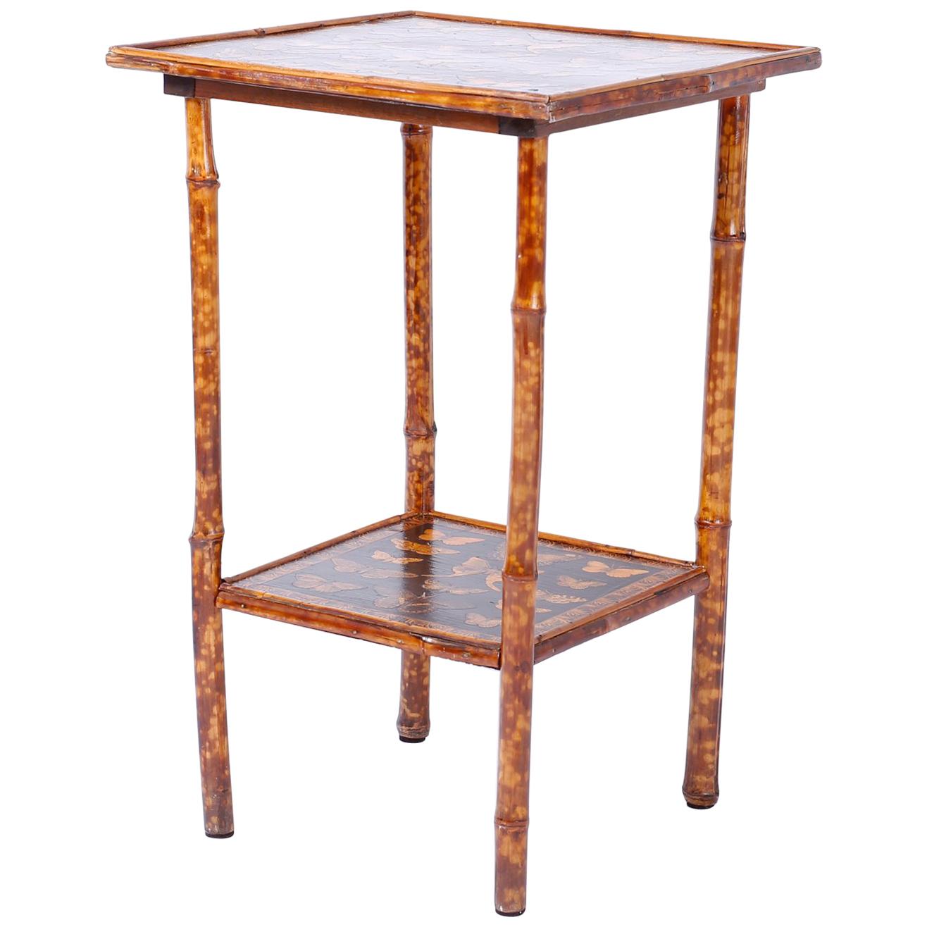 Antique English Bamboo Table with Butterfly Decoupage