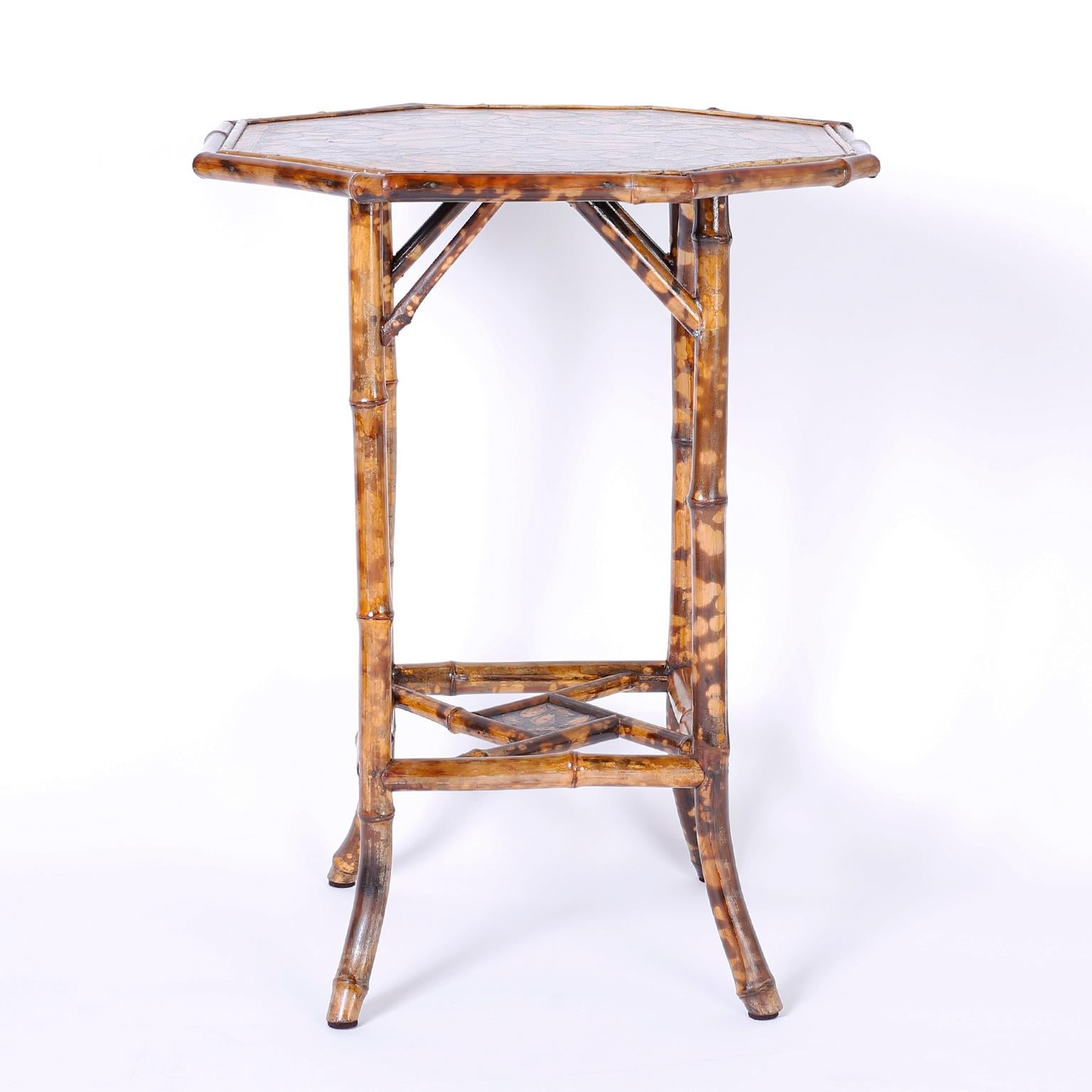 Victorian Antique English Bamboo Table with Seashell Decoupage