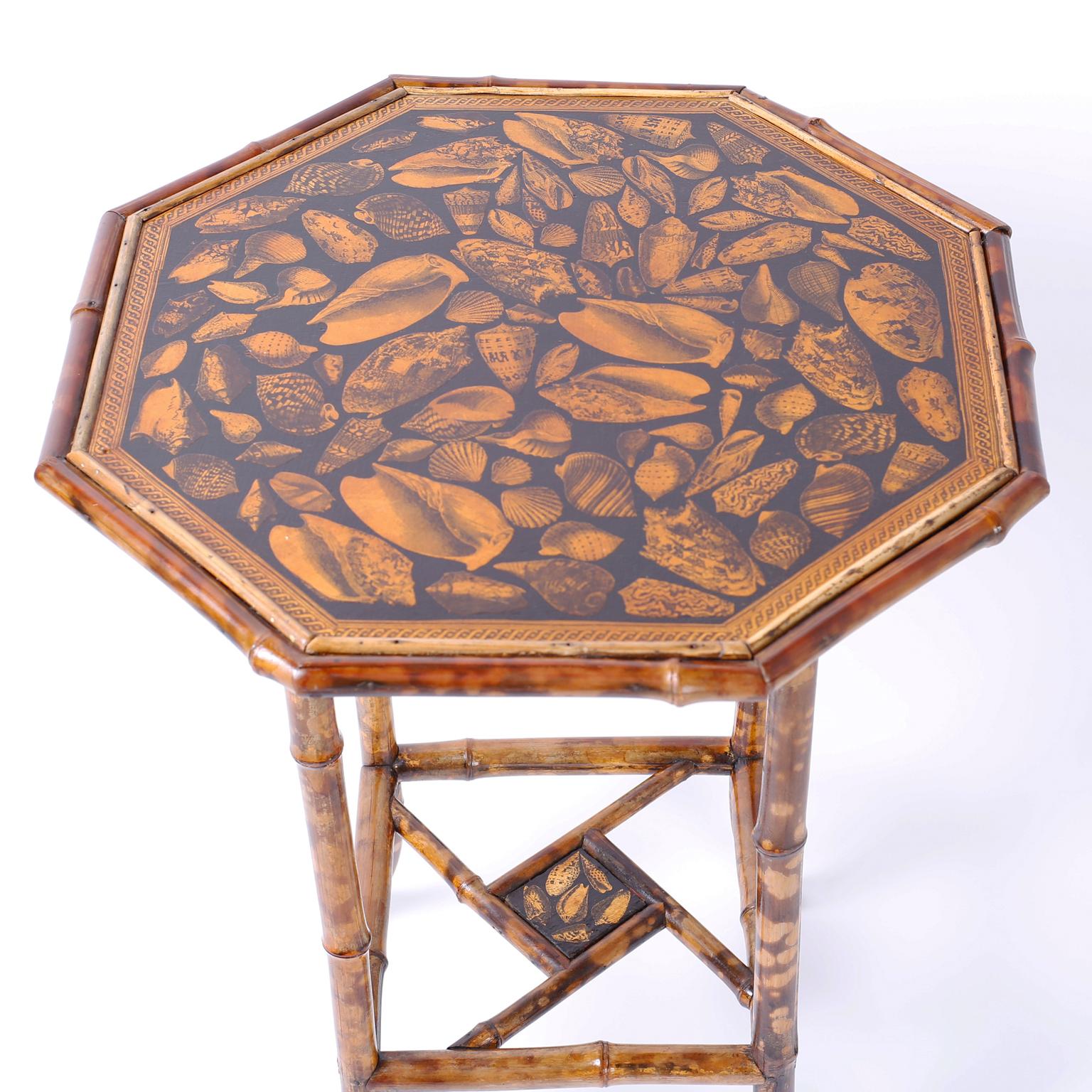 Antique English Bamboo Table with Seashell Decoupage In Good Condition In Palm Beach, FL