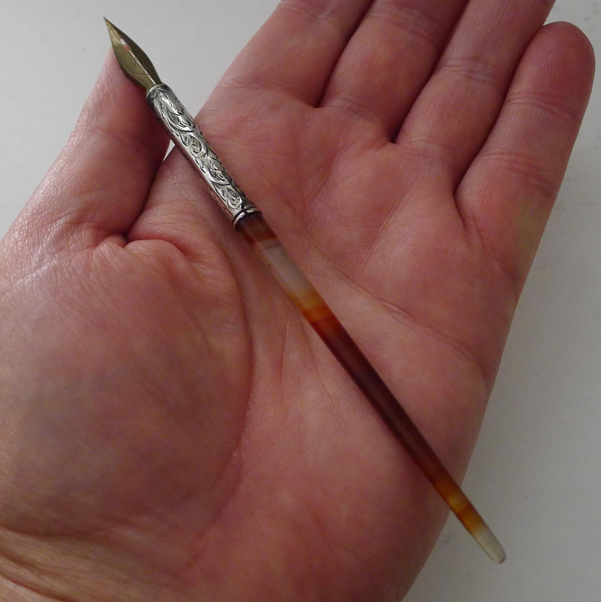 Antique English Banded Agate & Silver Dip Pen - 1894 In Fair Condition In Bath, GB