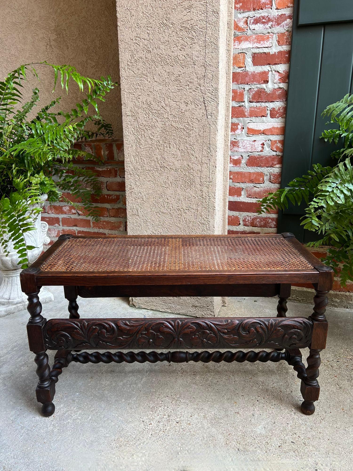 Antique English Barley Twist Bench Carved Oak Cane Seat Duet Size Dining Bench 8