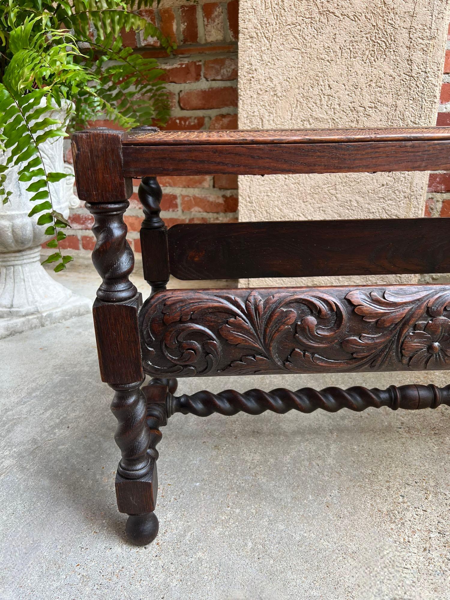 Antique English Barley Twist Bench Carved Oak Cane Seat Duet Size Dining Bench 11