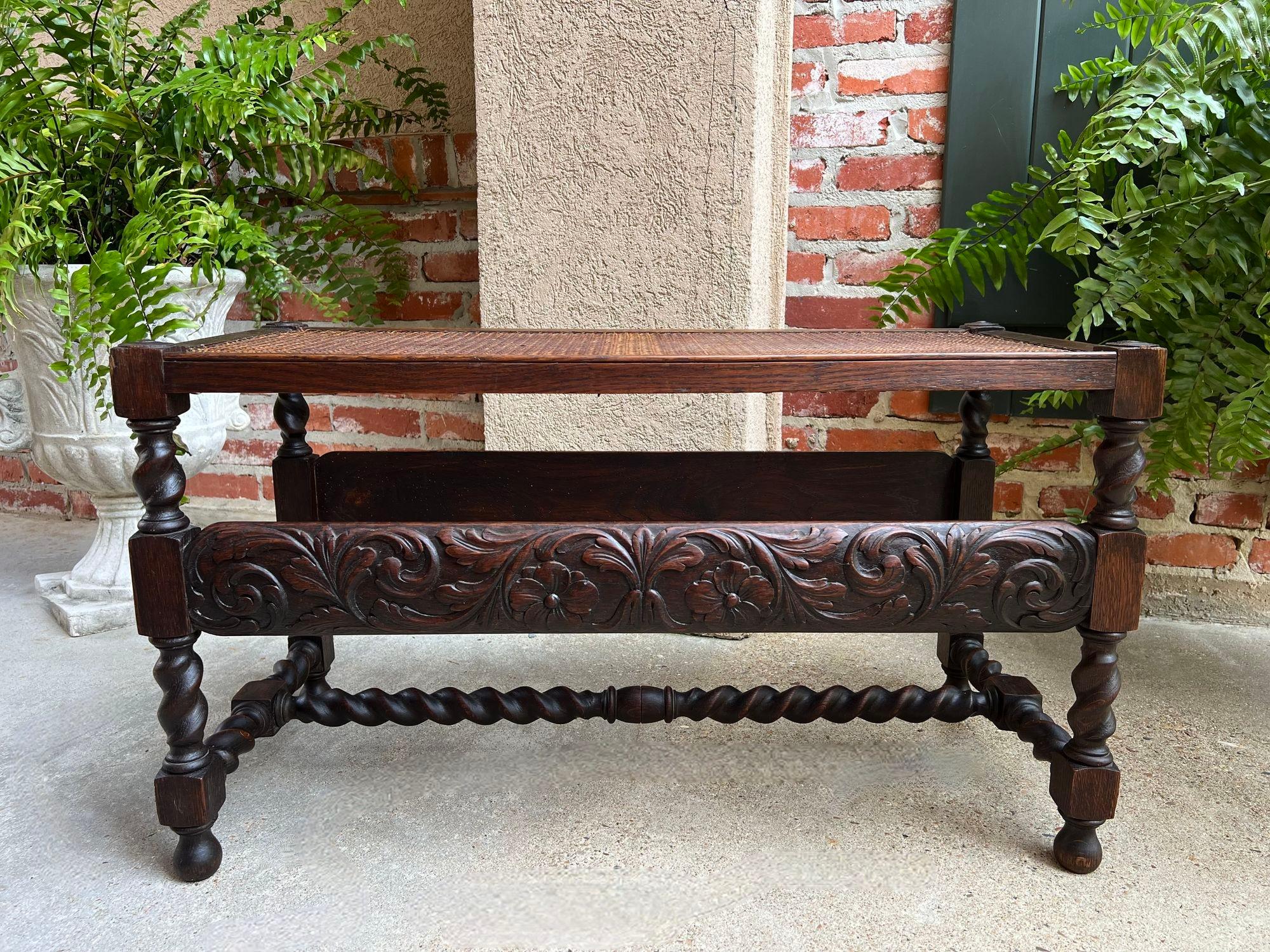 Antique English Barley Twist Bench Carved Oak Cane Seat Duet Size Dining Bench.

Direct from England, a long (almost 3 ft.) and lovely antique English oak bench with beautiful features that include barley twist legs and barley twist stretchers as