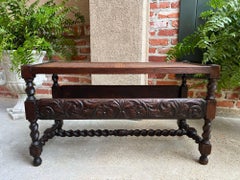 Antique English Barley Twist Bench Carved Oak Cane Seat Duet Size Dining Bench