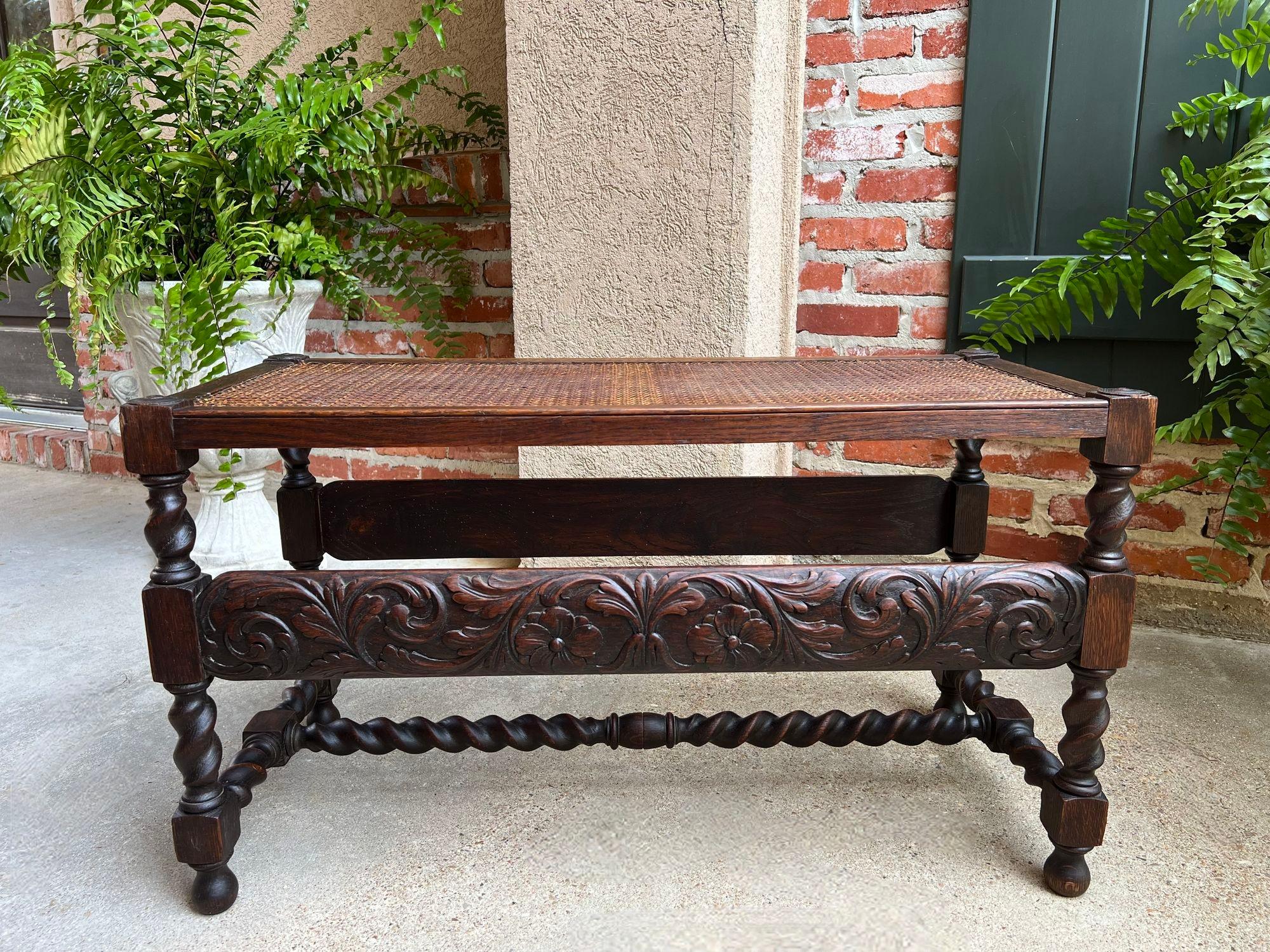British Colonial Antique English Barley Twist Bench Carved Oak Cane Seat Duet Size Dining Bench