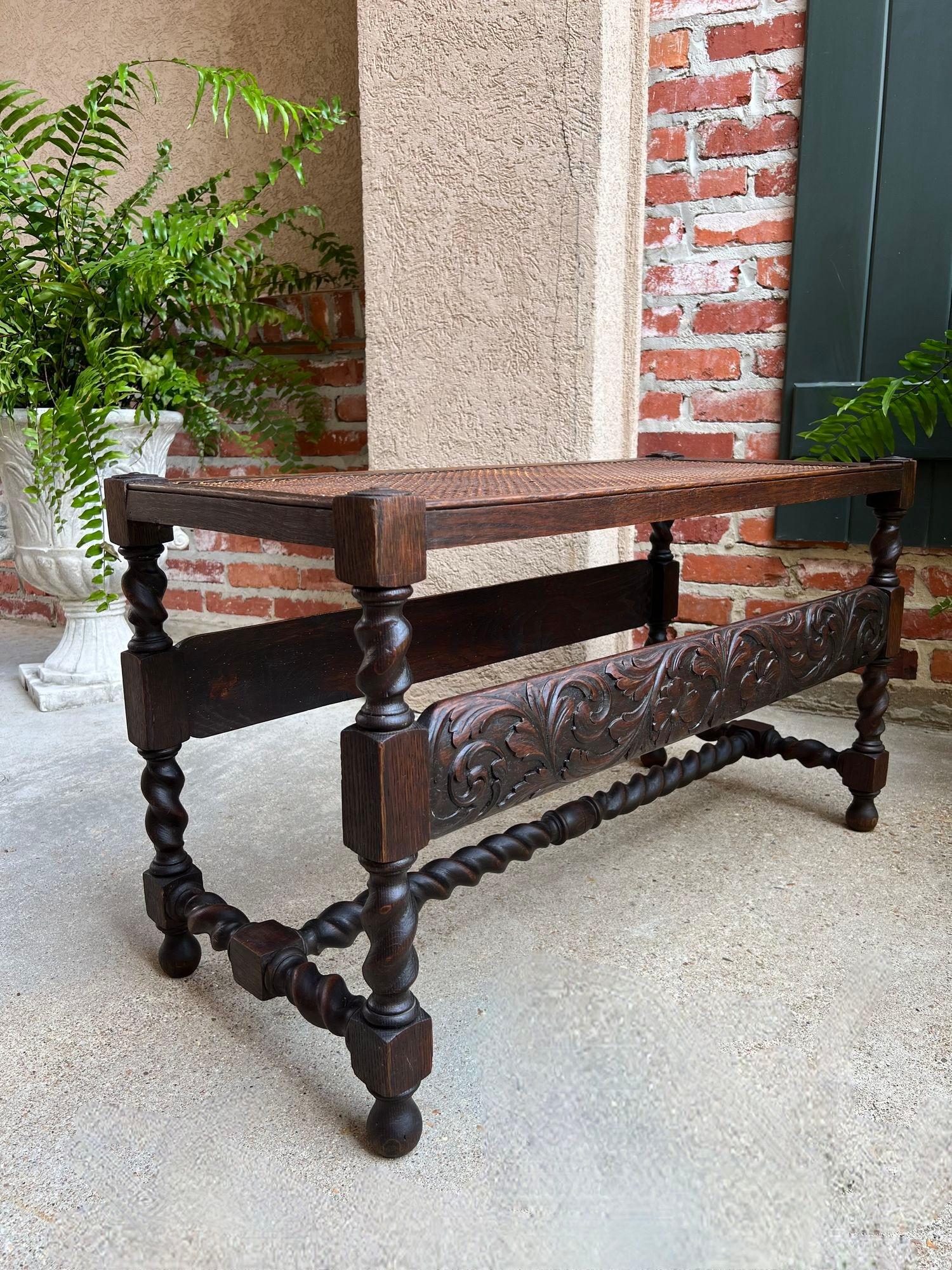 British Antique English Barley Twist Bench Carved Oak Cane Seat Duet Size Dining Bench