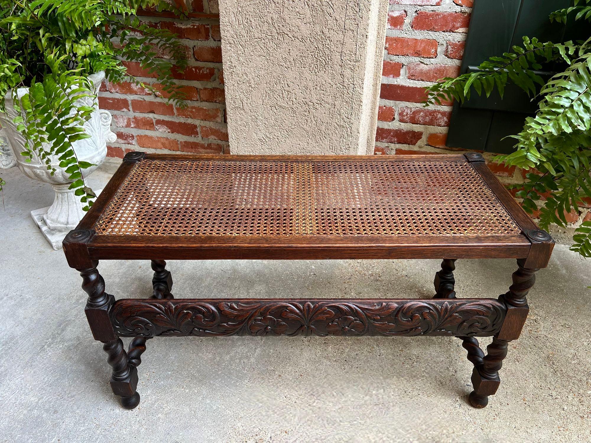 Caning Antique English Barley Twist Bench Carved Oak Cane Seat Duet Size Dining Bench