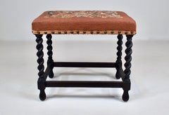 Antique English Barley Twist Bench Stool in Oak With Tapestry