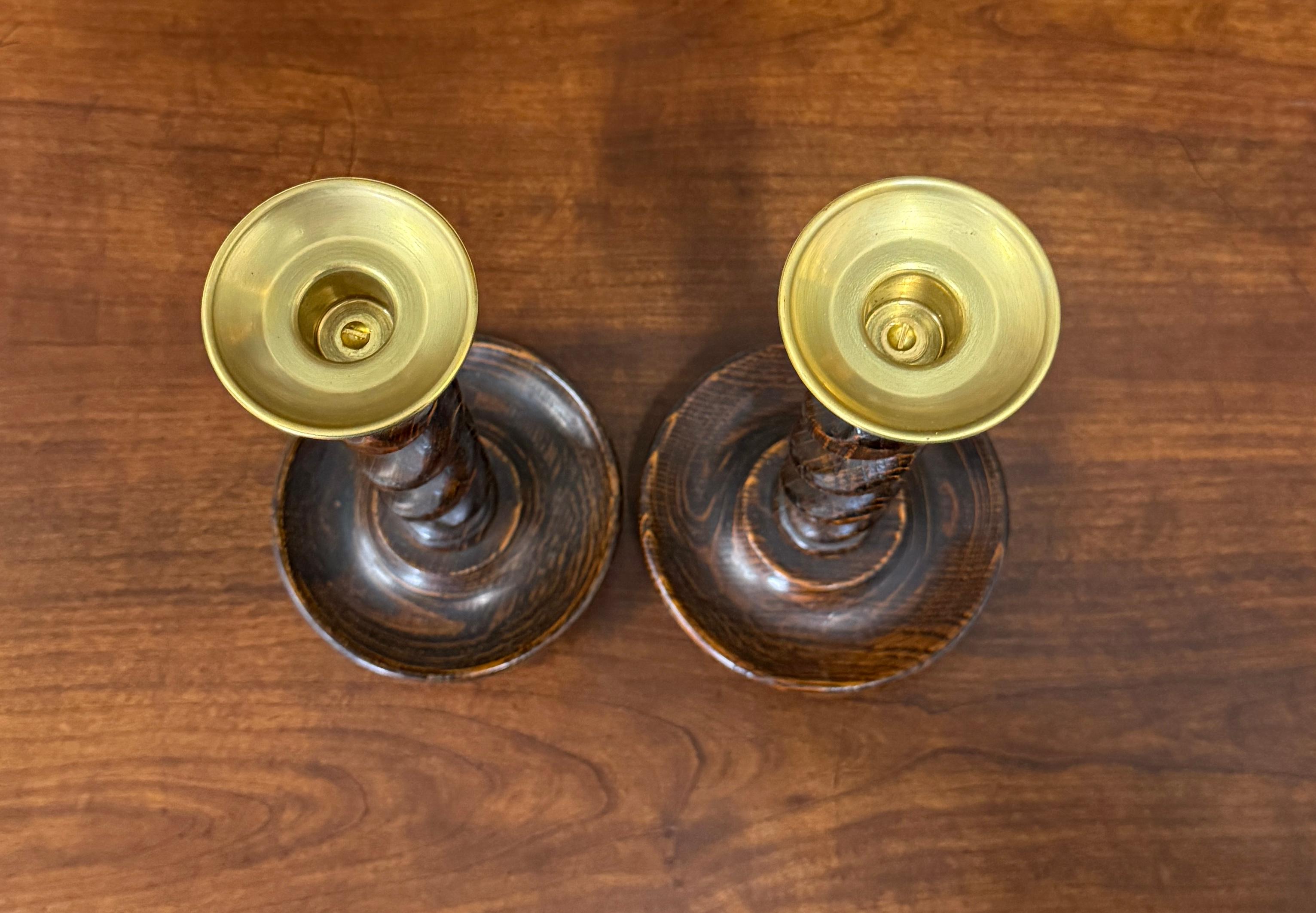 Antique English Barley Twist Candlesticks Candle Holders Oak PAIR 10.5