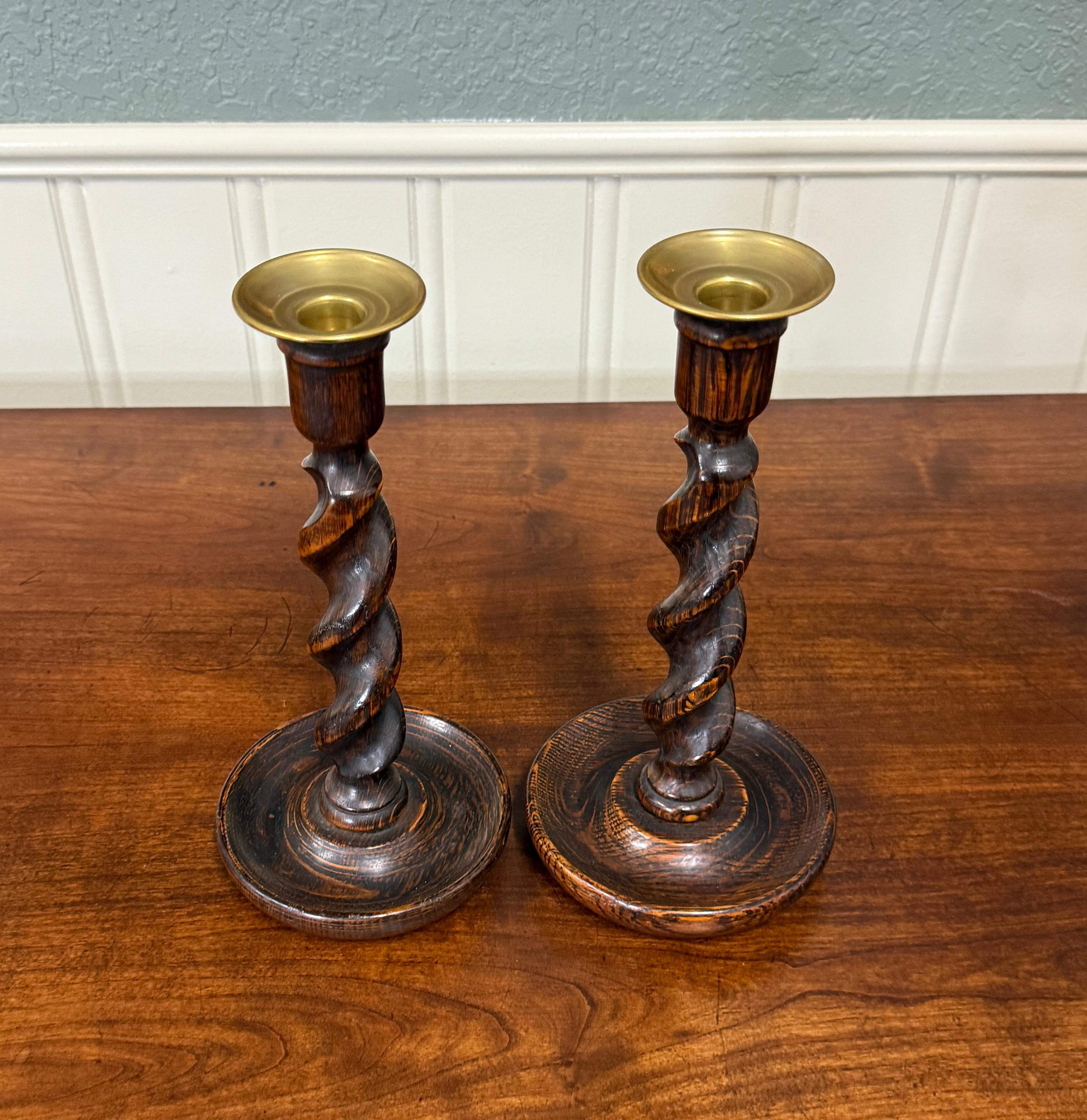 Antique English Barley Twist Candlesticks Candle Holders Oak PAIR 10.5