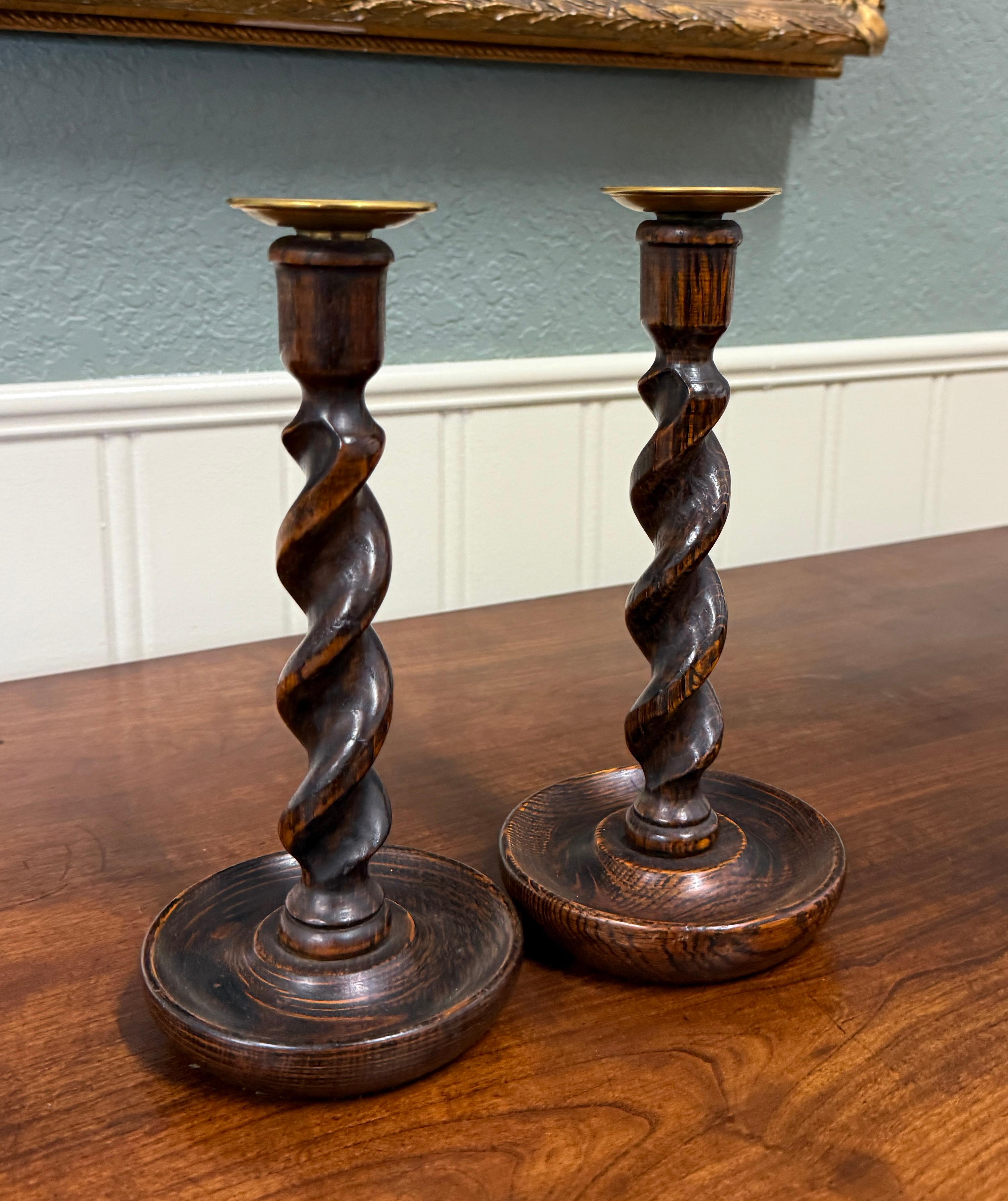 Antique English Barley Twist Candlesticks Candle Holders Oak PAIR 10.5