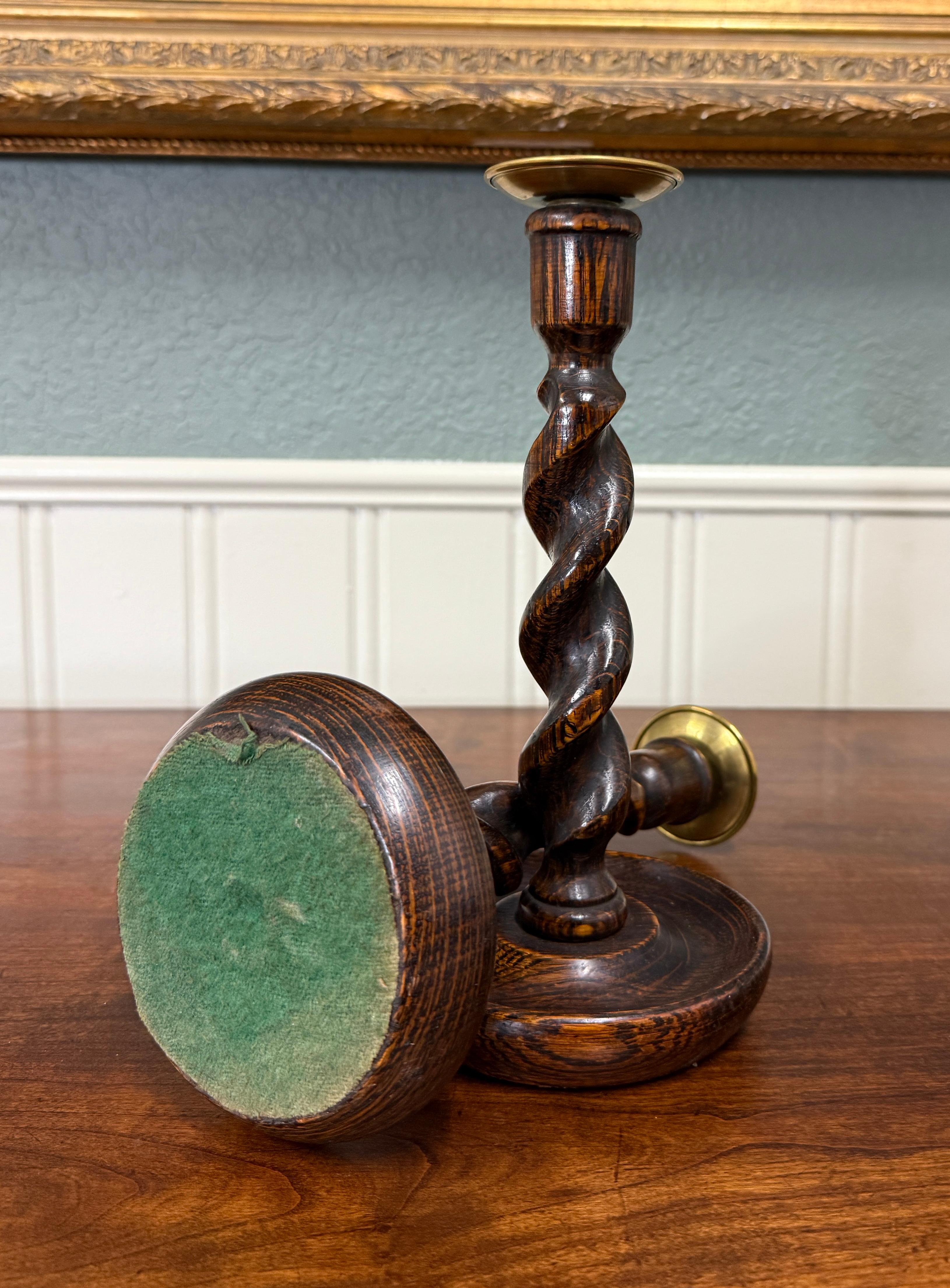 Antique English Barley Twist Candlesticks Candle Holders Oak PAIR 10.5