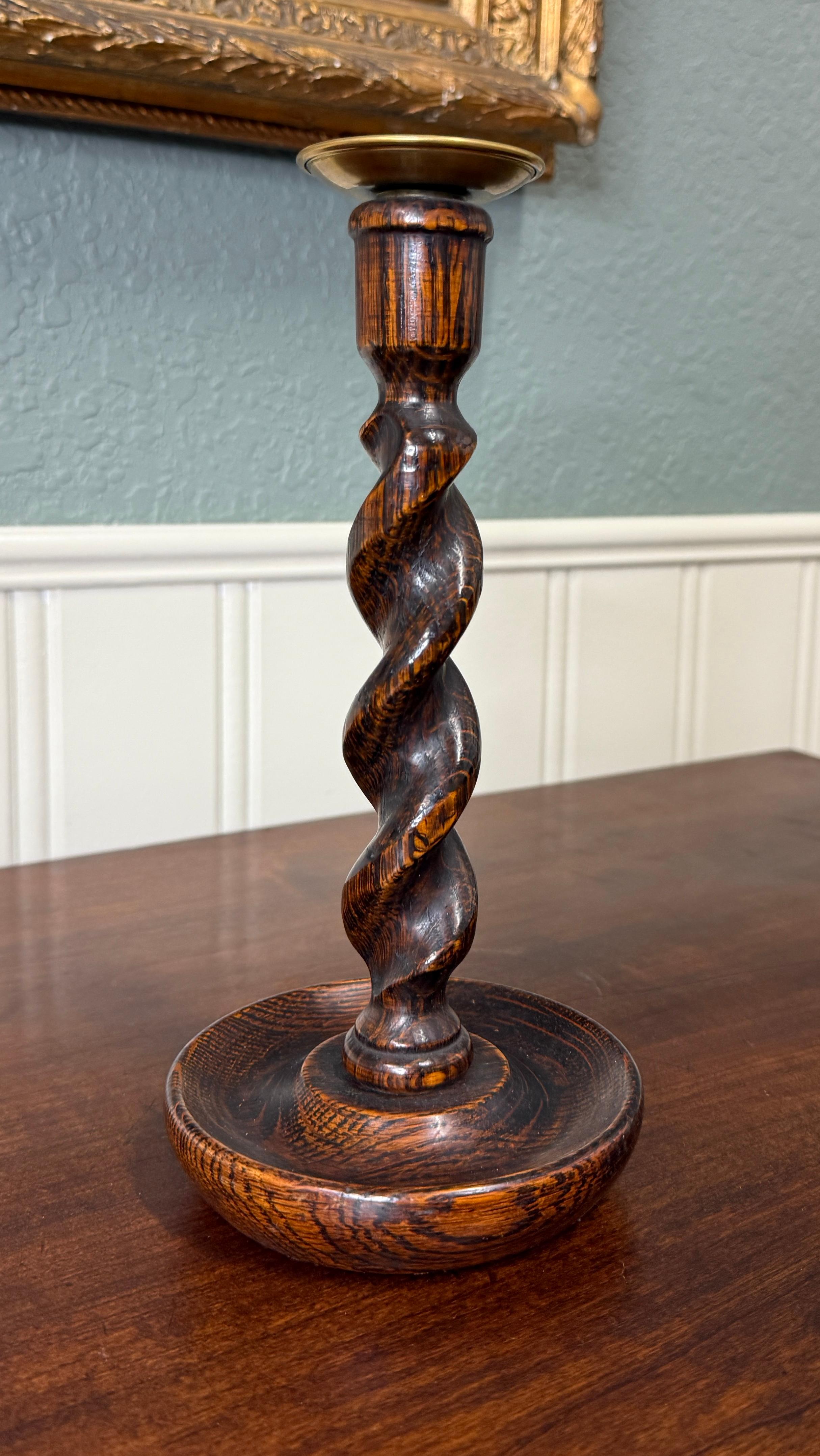 Antique English Barley Twist Candlesticks Candle Holders Oak PAIR 10.5