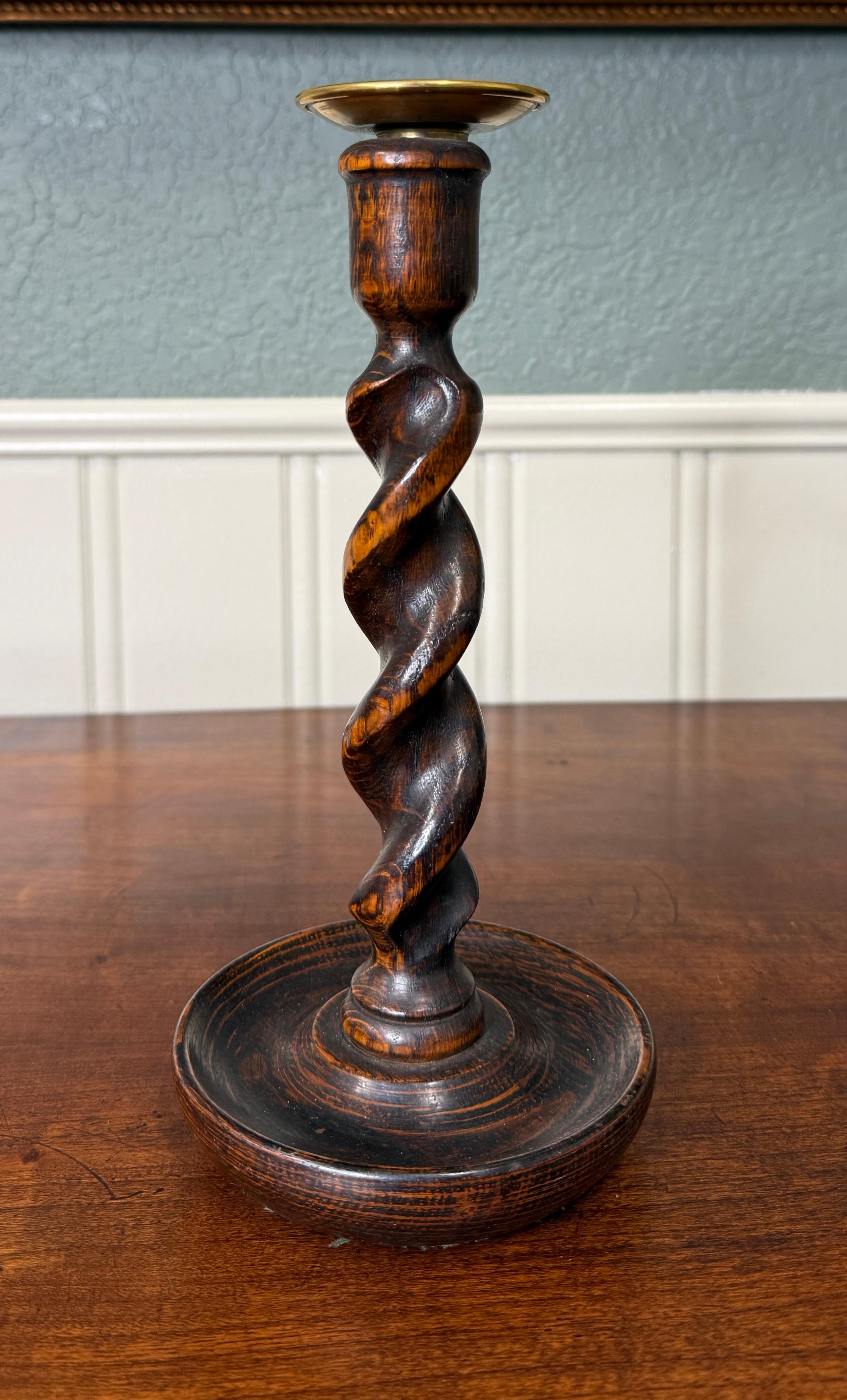Antique English Barley Twist Candlesticks Candle Holders Oak PAIR 10.5