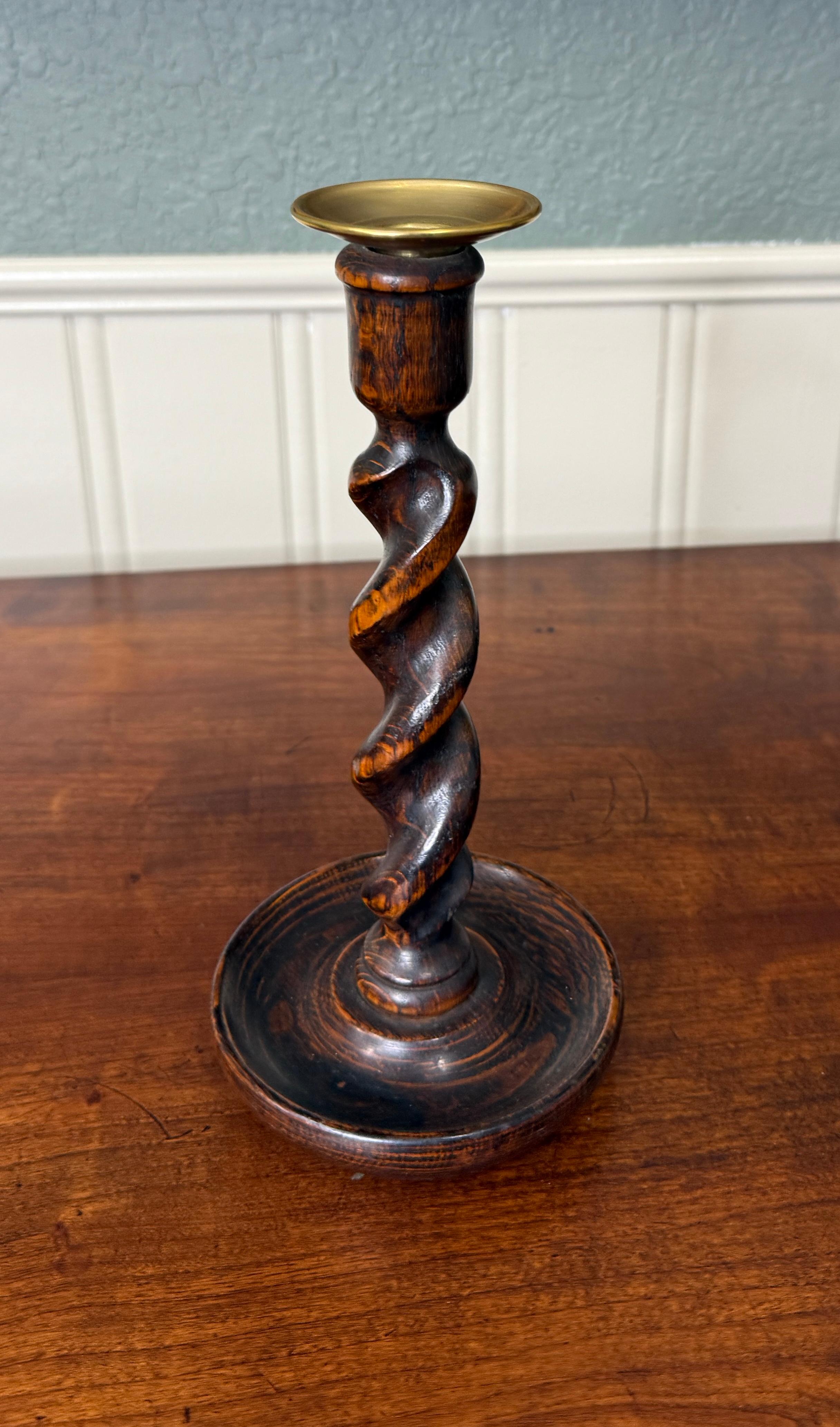 Antique English Barley Twist Candlesticks Candle Holders Oak PAIR 10.5