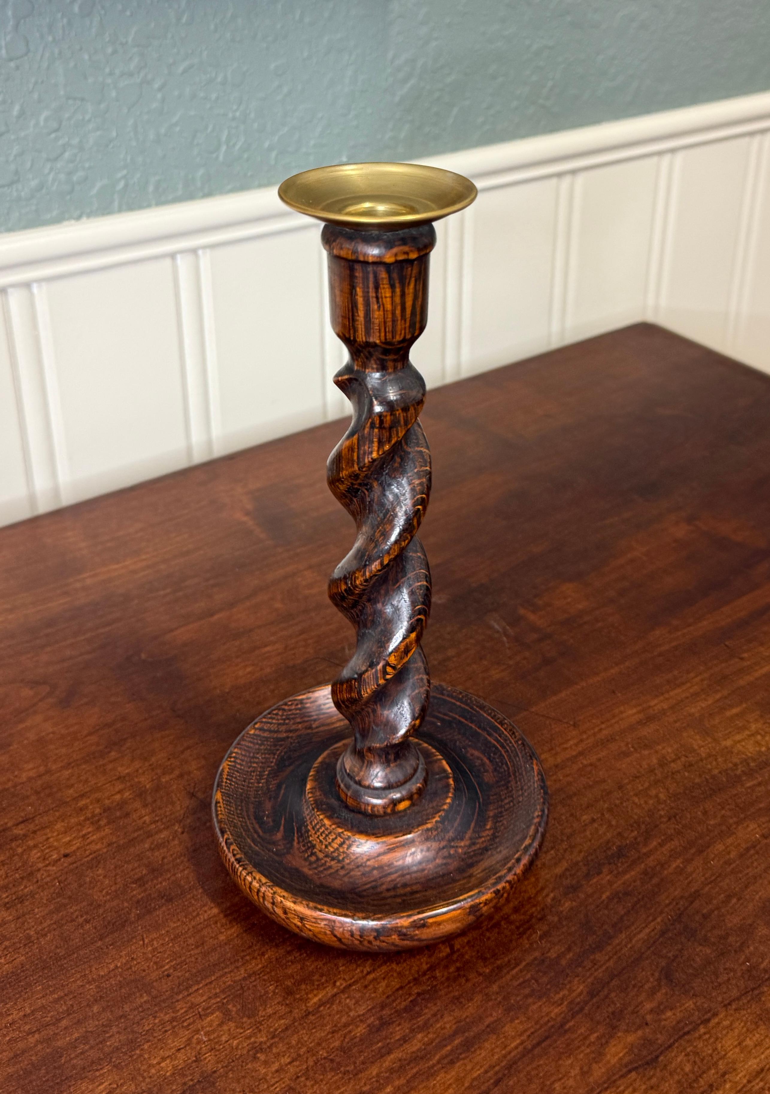 Antique English Barley Twist Candlesticks Candle Holders Oak PAIR 10.5