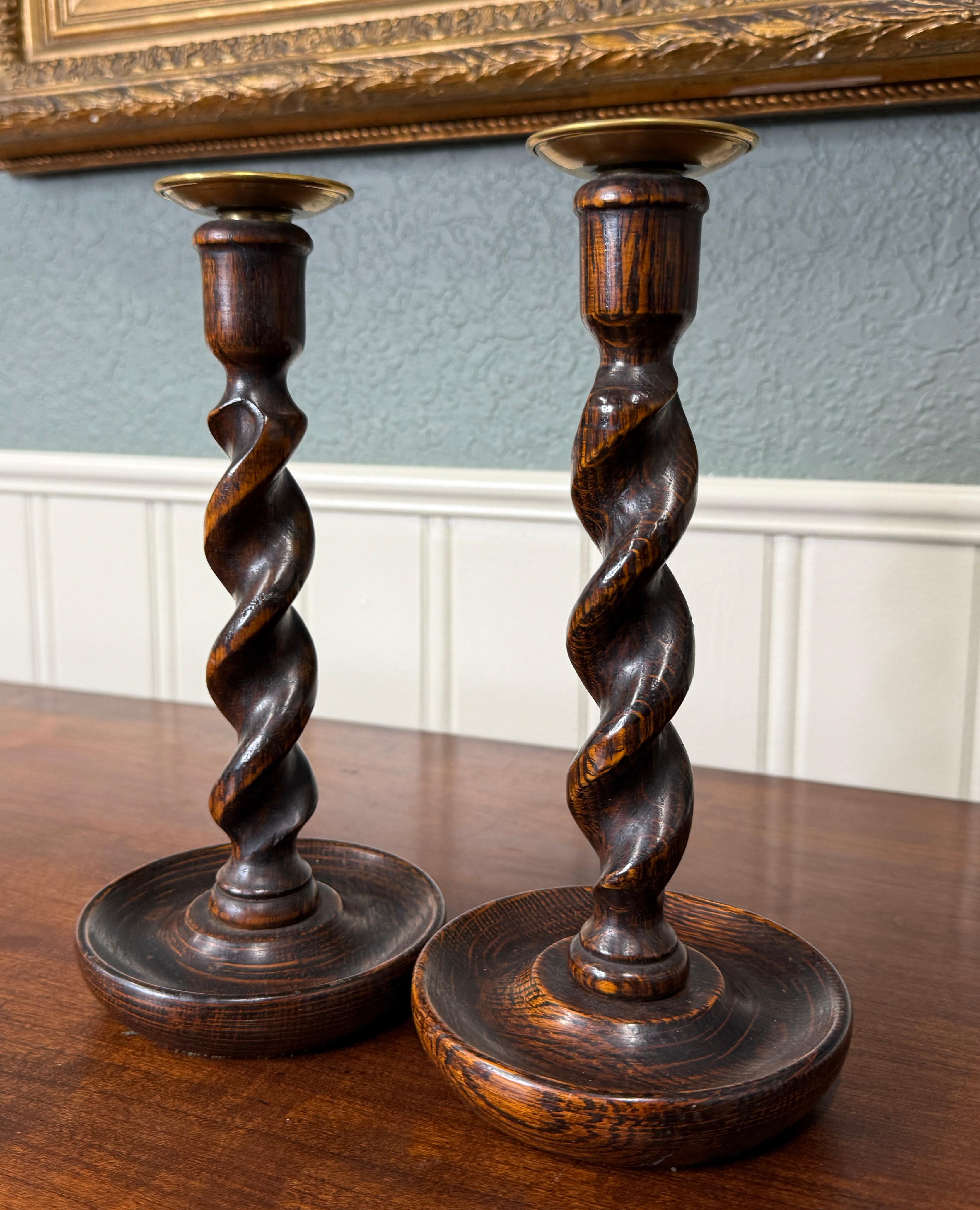 Antique English Barley Twist Candlesticks Candle Holders Oak PAIR 10.5